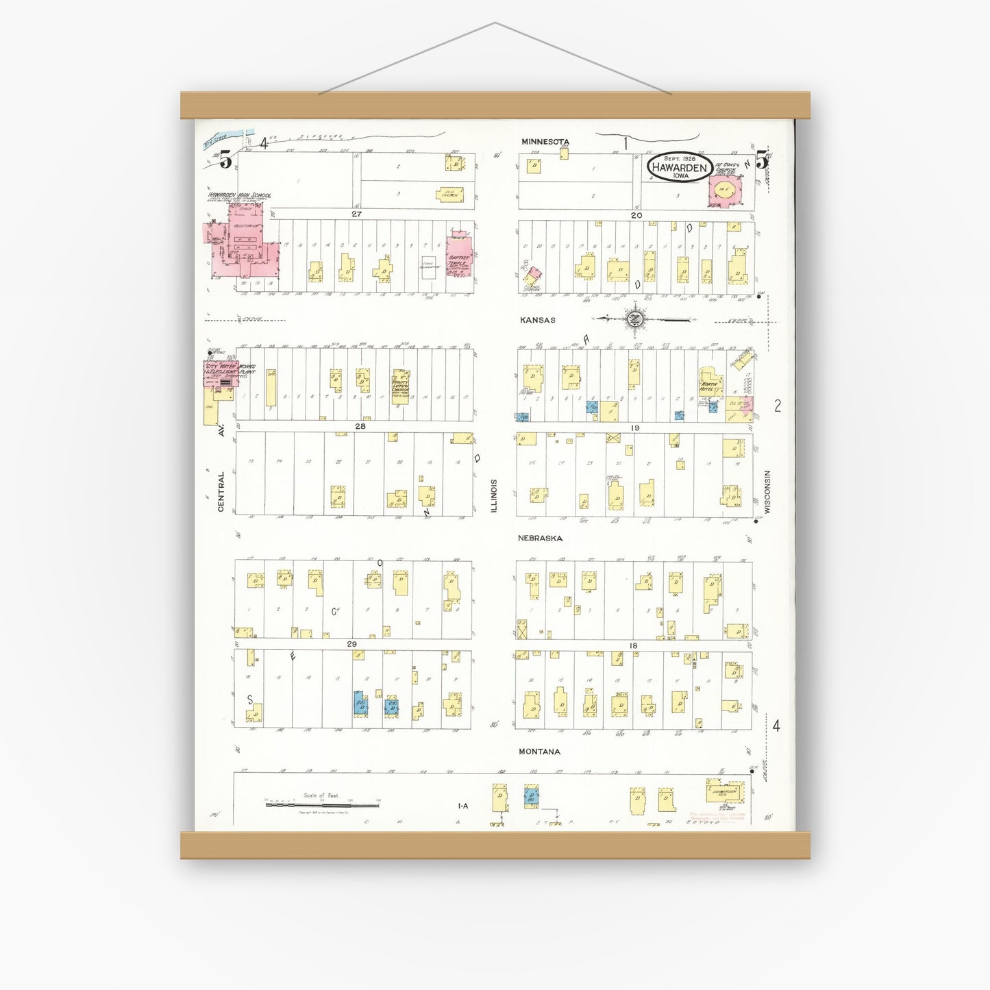 Old map wall art mockup — magnetic wood frame on white wall — Sanborn Fire Insurance Map from Hawarden, Sioux County, Iowa (1924), Sheet #0005