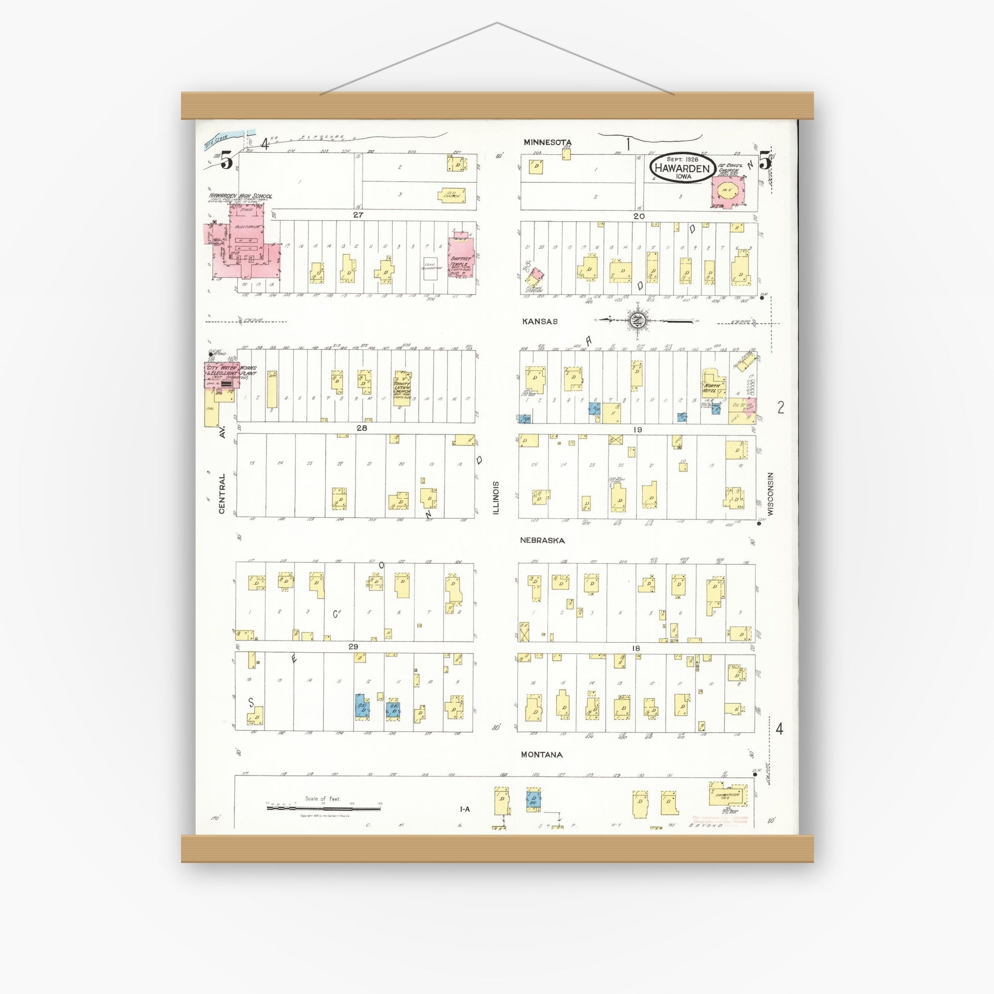 Old map wall art mockup — magnetic wood frame on white wall — Sanborn Fire Insurance Map from Hawarden, Sioux County, Iowa (1924), Sheet #0005