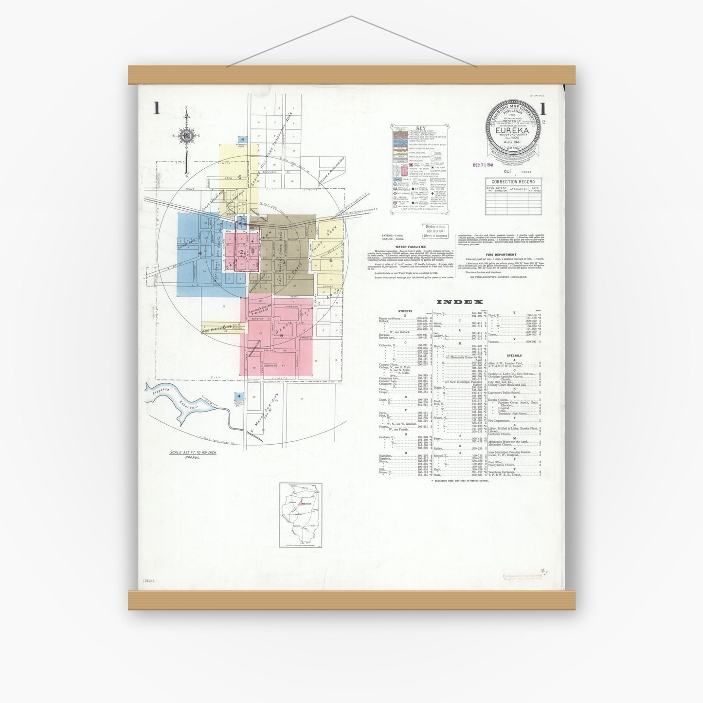 Old map wall art mockup — magnetic wood frame on white wall — Sanborn Fire Insurance Map from Eureka, Woodford County, Illinois (1941), Sheet #0001
