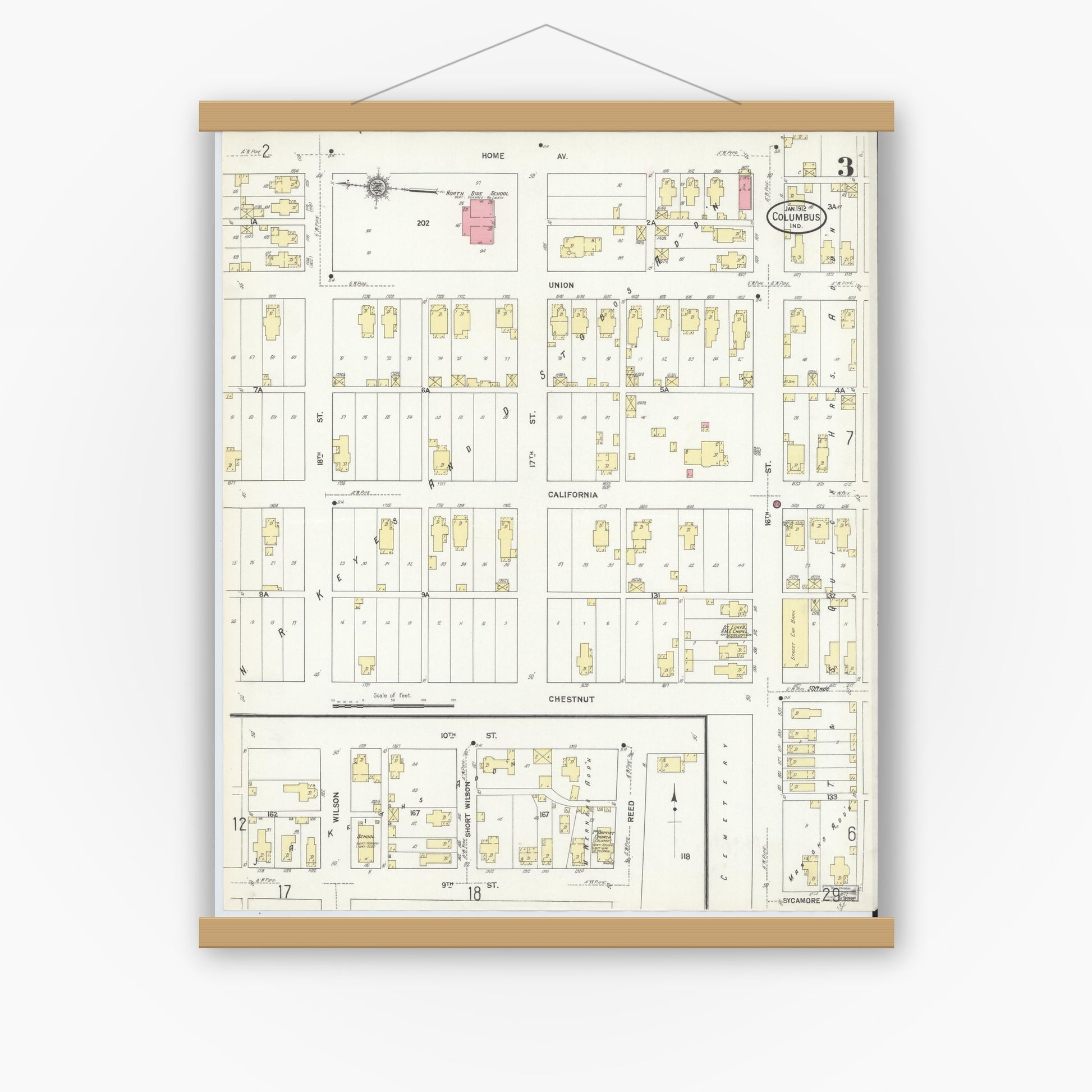 Old map wall art mockup — magnetic wood frame on white wall — Sanborn Fire Insurance Map from Columbus, Bartholomew County, Indiana (1912), Sheet #0003