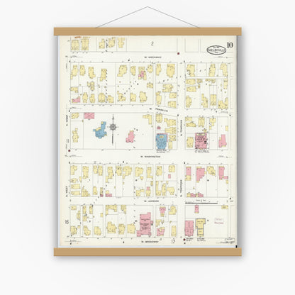 Old map wall art mockup — magnetic wood frame on white wall — Sanborn Fire Insurance Map from Shelbyville, Shelby County, Indiana (1910), Sheet #0010