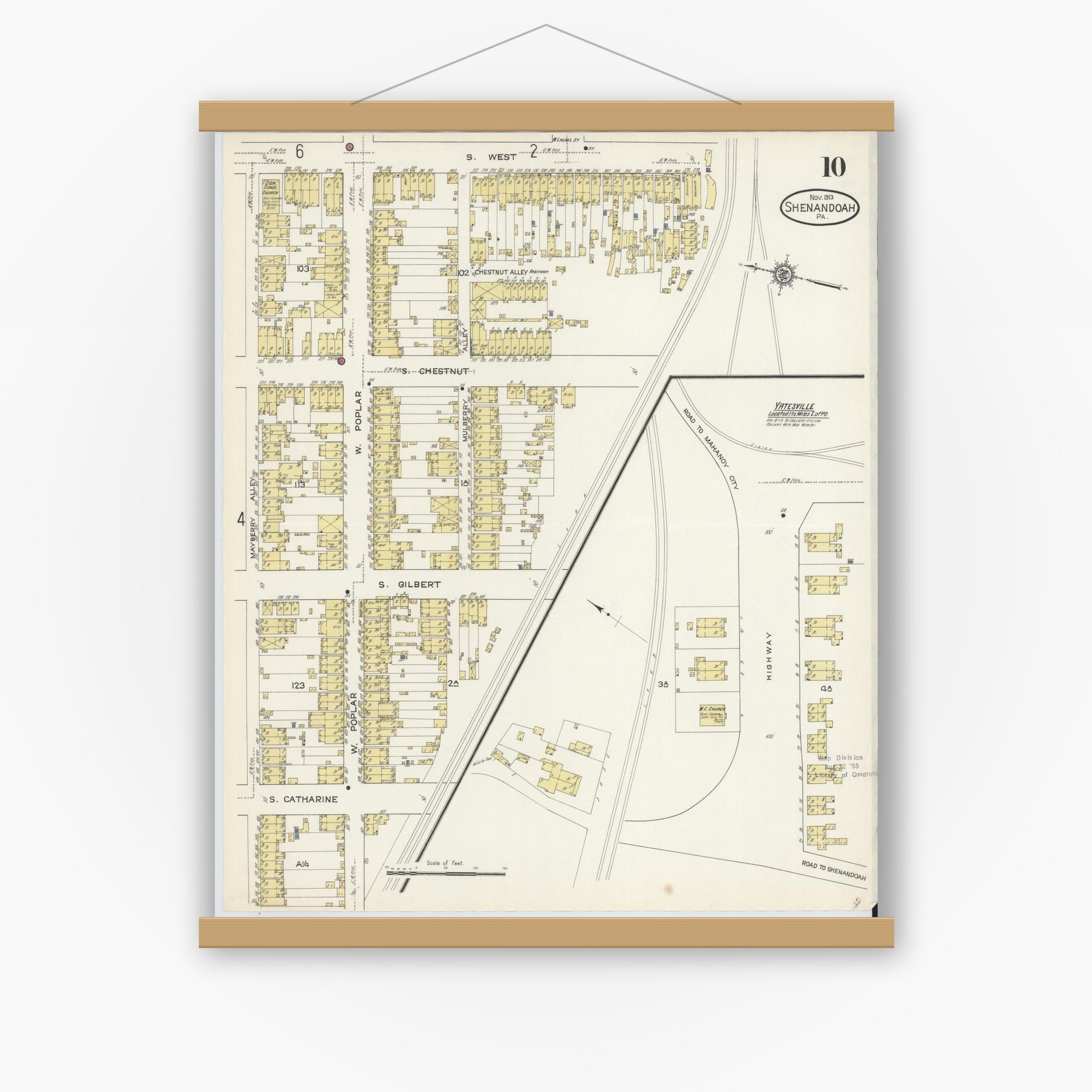 Old map wall art mockup — magnetic wood frame on white wall — Sanborn Fire Insurance Map from Shenandoah, Schuylkill County, Pennsylvania (1913), Sheet #0010