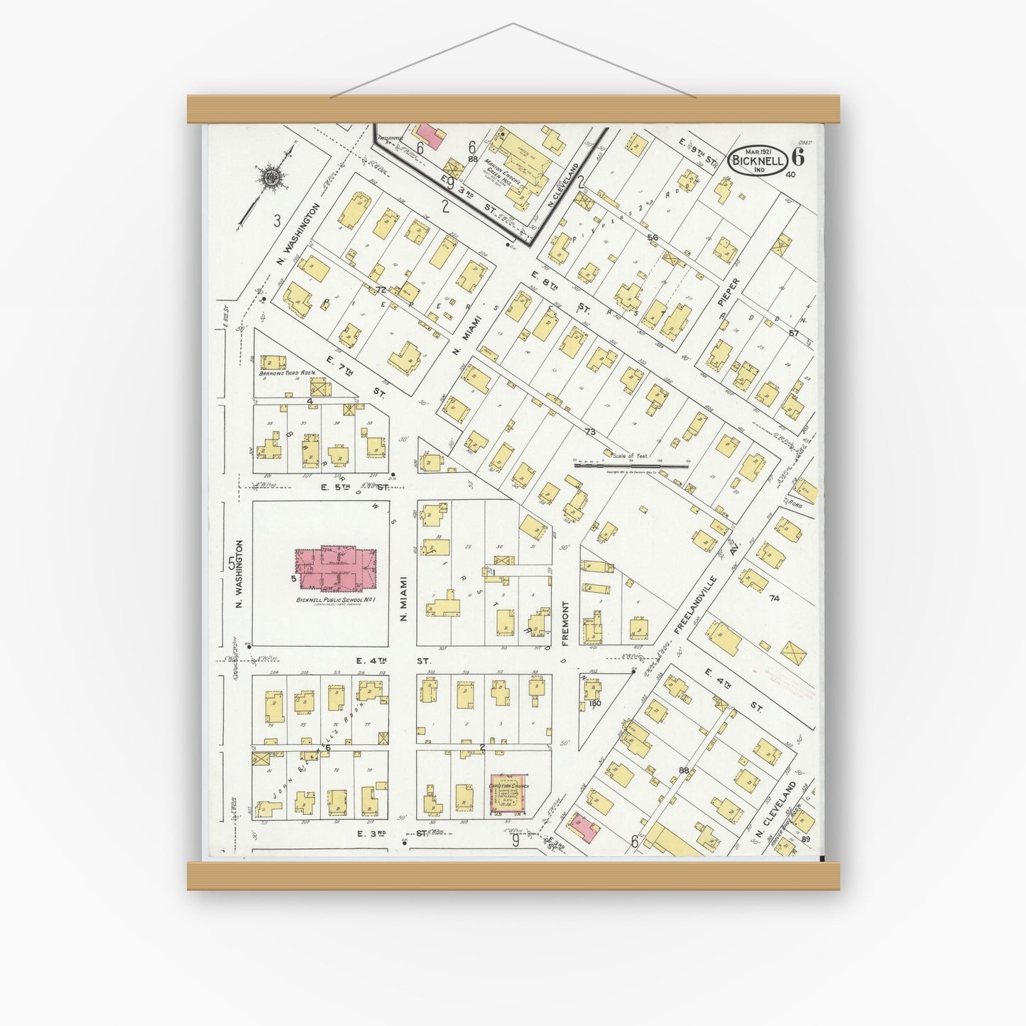 Old map wall art mockup — magnetic wood frame on white wall — Sanborn Fire Insurance Map from Bicknell, Knox County, Indiana (1921), Sheet #0006
