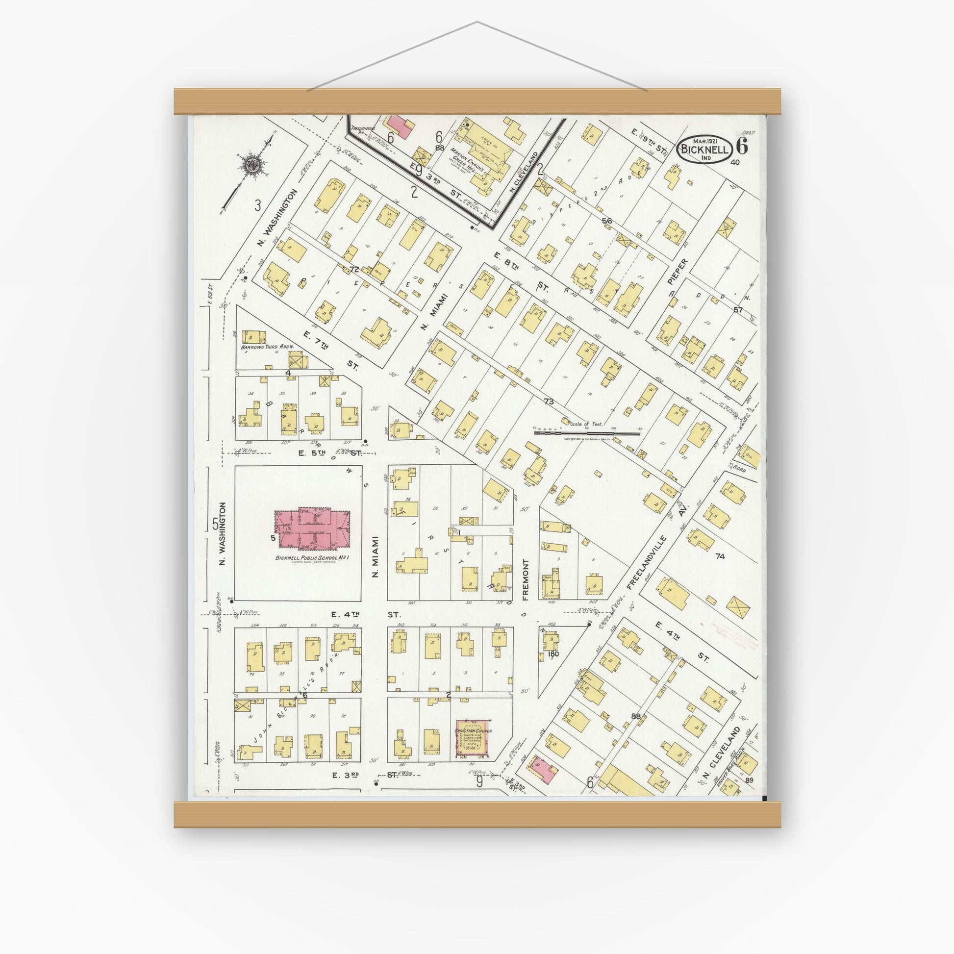 Old map wall art mockup — magnetic wood frame on white wall — Sanborn Fire Insurance Map from Bicknell, Knox County, Indiana (1921), Sheet #0006