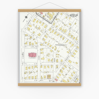 Old map wall art mockup — magnetic wood frame on white wall — Sanborn Fire Insurance Map from Bicknell, Knox County, Indiana (1921), Sheet #0006
