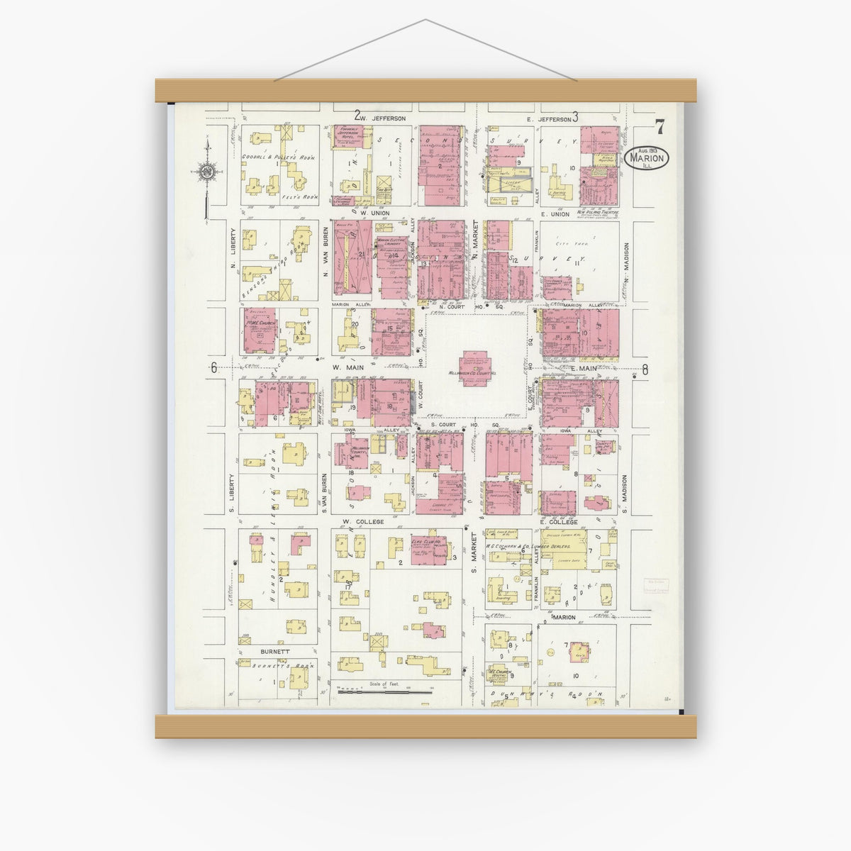 Old map wall art mockup — magnetic wood frame on white wall — Sanborn Fire Insurance Map from Marion, Williamson County, Illinois (1913), Sheet #0007