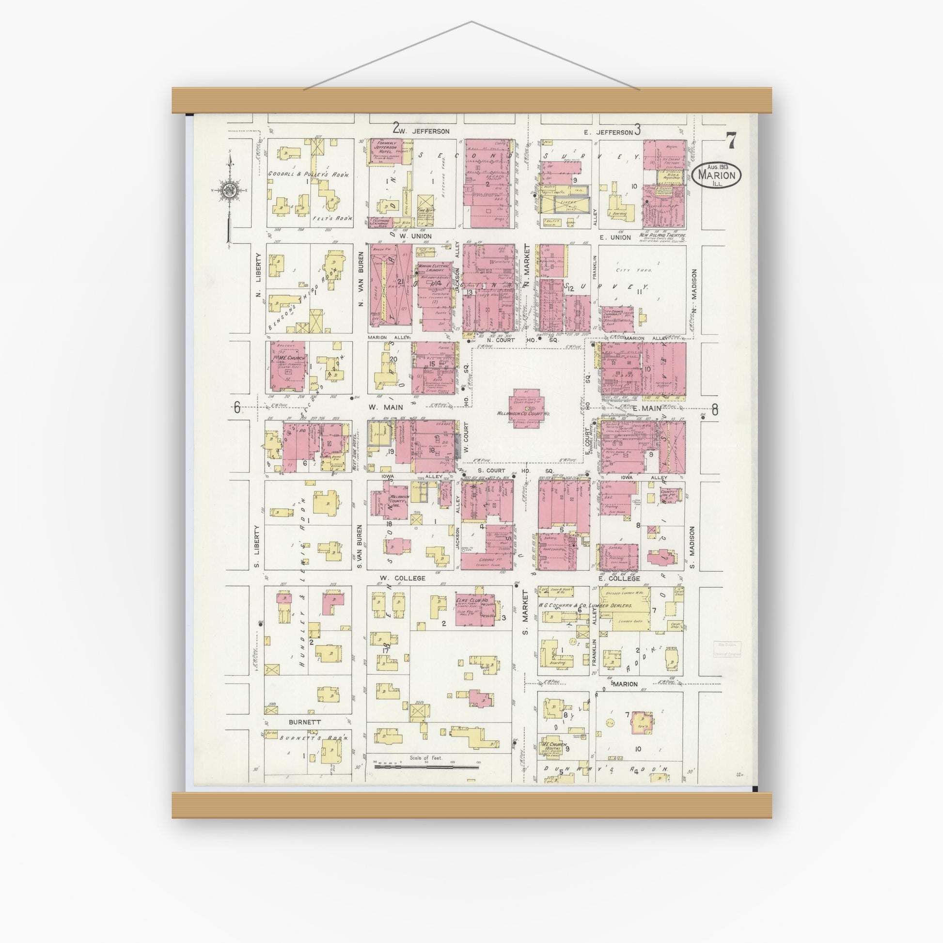 Old map wall art mockup — magnetic wood frame on white wall — Sanborn Fire Insurance Map from Marion, Williamson County, Illinois (1913), Sheet #0007
