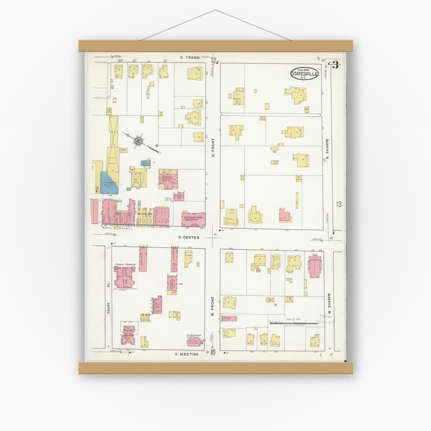 Old map wall art mockup — magnetic wood frame on white wall — Sanborn Fire Insurance Map from Statesville, Iredell County, North Carolina (1918), Sheet #0003