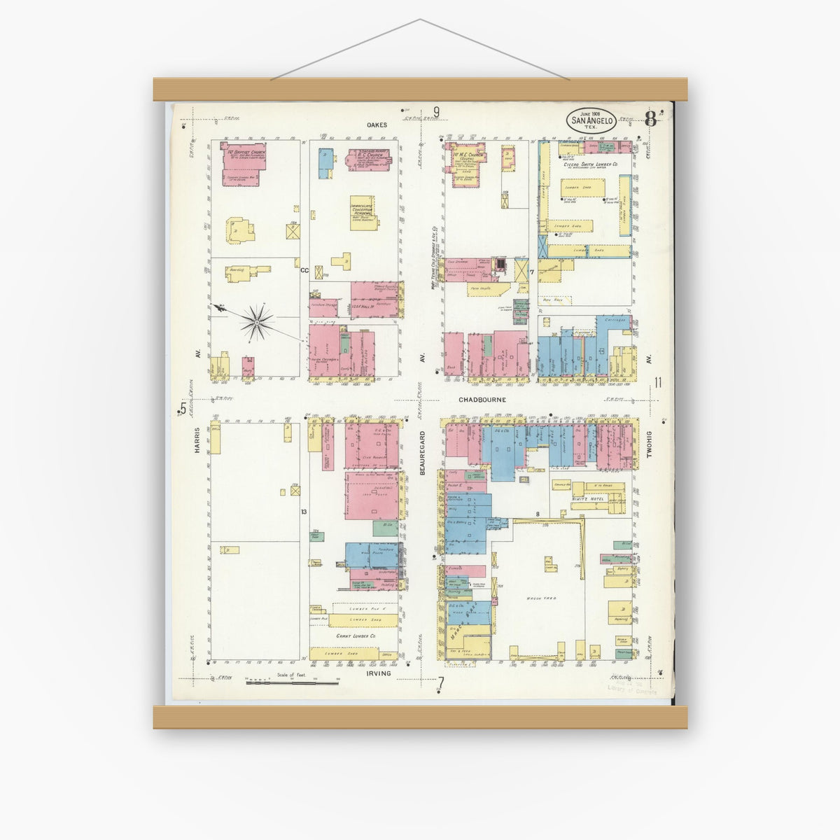 Old map wall art mockup — magnetic wood frame on white wall — Sanborn Fire Insurance Map from San Angelo, Tom Green County, Texas (1908), Sheet #0008