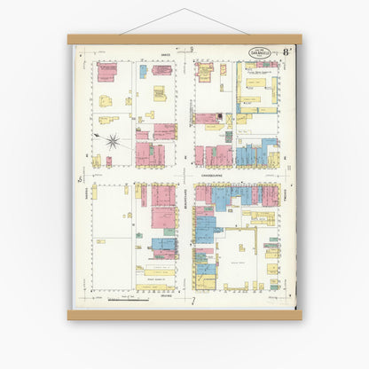 Old map wall art mockup — magnetic wood frame on white wall — Sanborn Fire Insurance Map from San Angelo, Tom Green County, Texas (1908), Sheet #0008