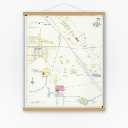 Old map wall art mockup — magnetic wood frame on white wall — Sanborn Fire Insurance Map from Cadillac, Wexford County, Michigan (1914), Sheet #0028