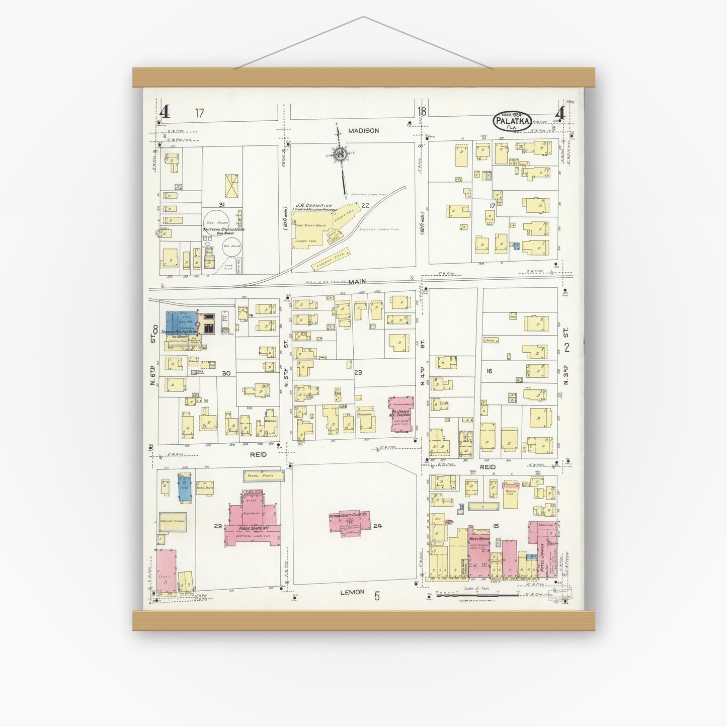 Old map wall art mockup — magnetic wood frame on white wall — Sanborn Fire Insurance Map from Palatka, Putnam County, Florida (1924), Sheet #0004