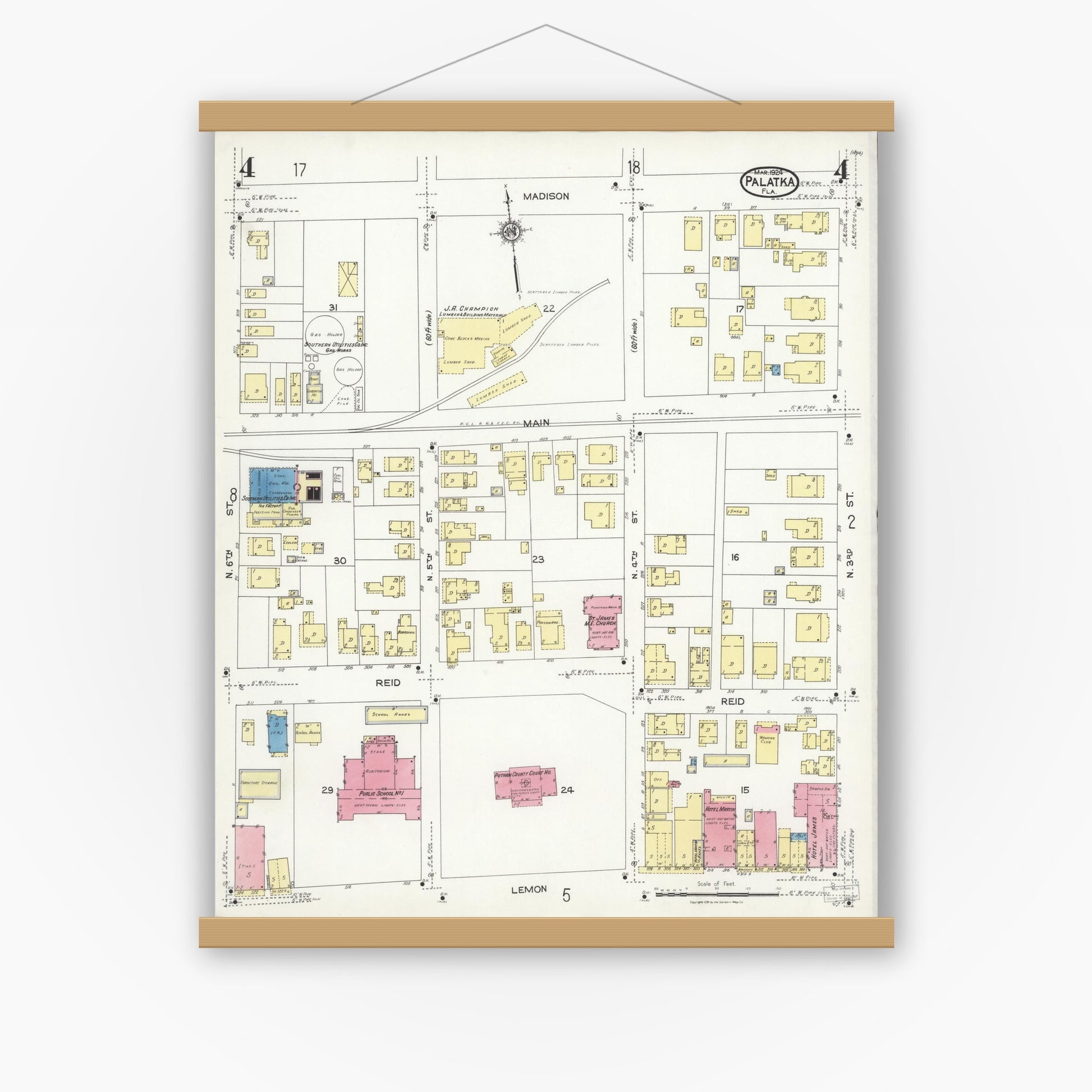 Old map wall art mockup — magnetic wood frame on white wall — Sanborn Fire Insurance Map from Palatka, Putnam County, Florida (1924), Sheet #0004