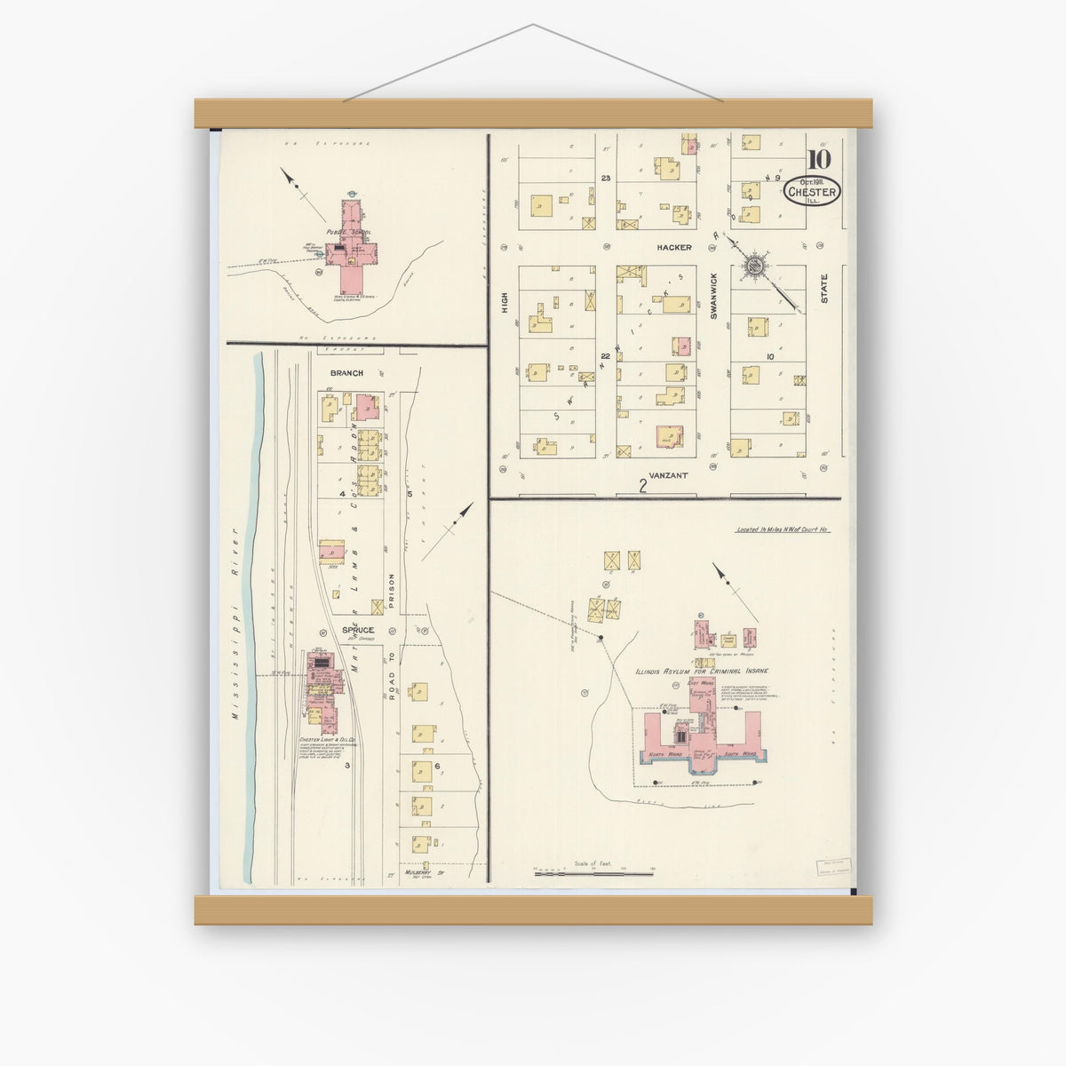 Old map wall art mockup — magnetic wood frame on white wall — Sanborn Fire Insurance Map from Chester, Randolph County, Illinois (1911), Sheet #0010