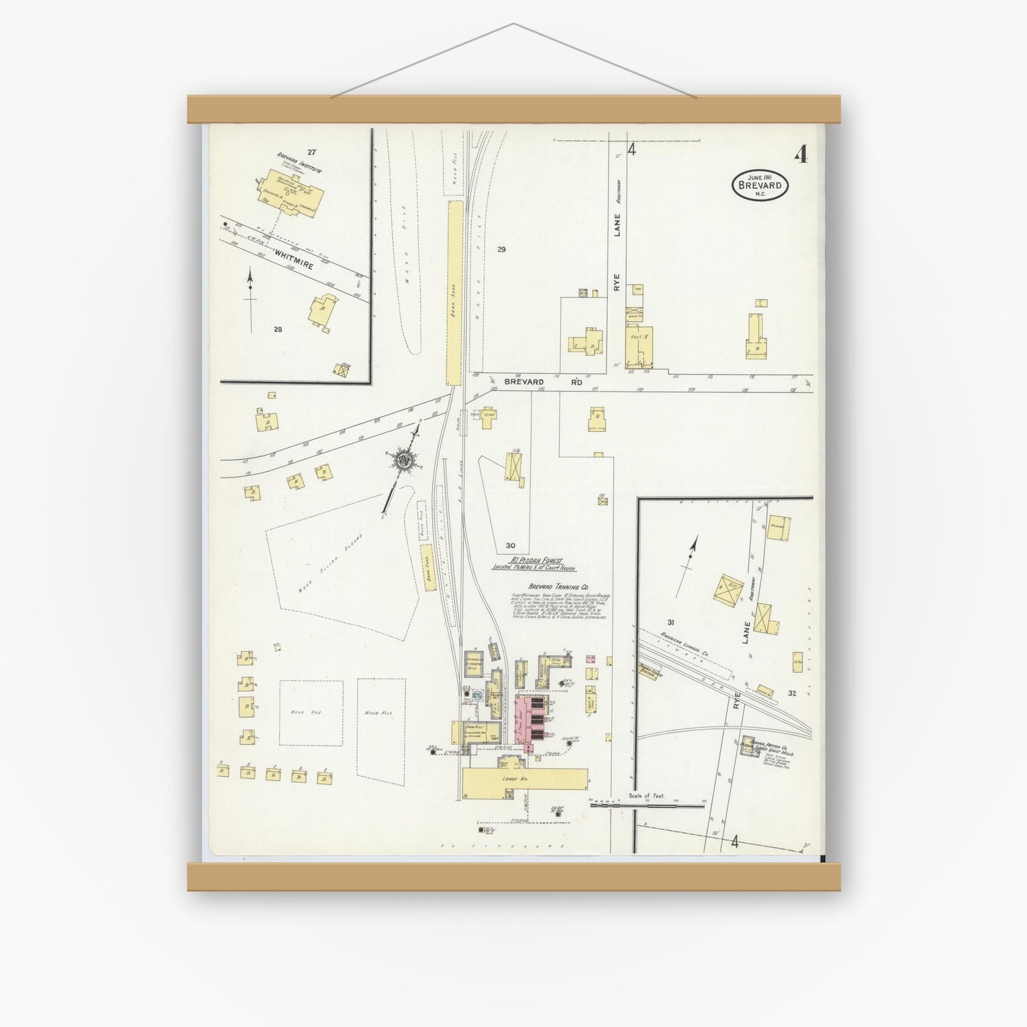 Old map wall art mockup — magnetic wood frame on white wall — Sanborn Fire Insurance Map from Brevard, Transylvania County, North Carolina (1911), Sheet #0004