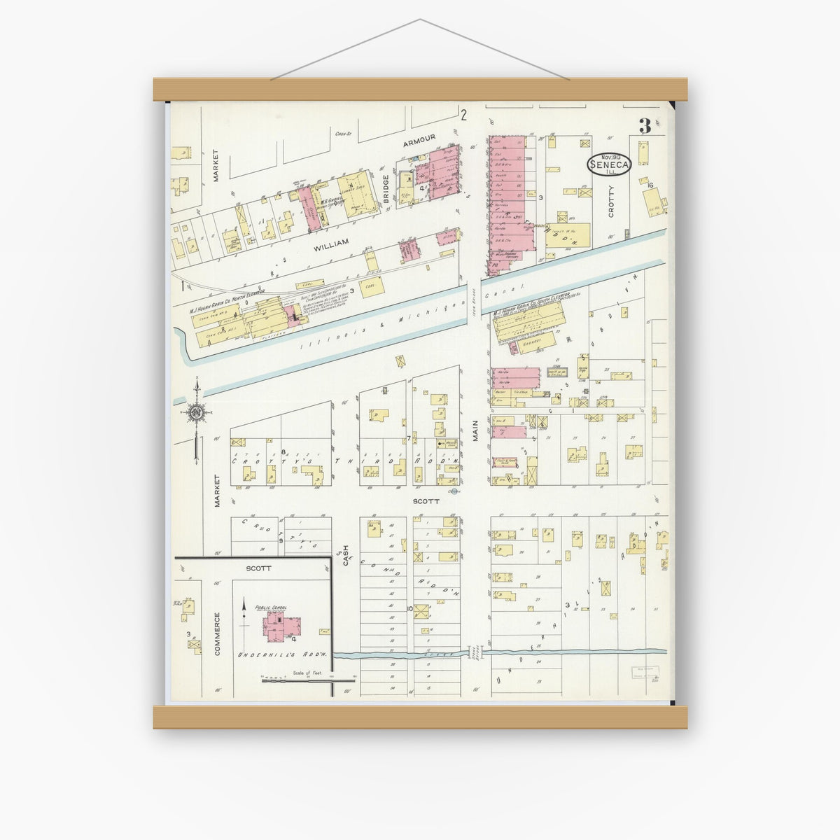 Old map wall art mockup — magnetic wood frame on white wall — Sanborn Fire Insurance Map from Seneca, La Salle County, Illinois (1913), Sheet #0003
