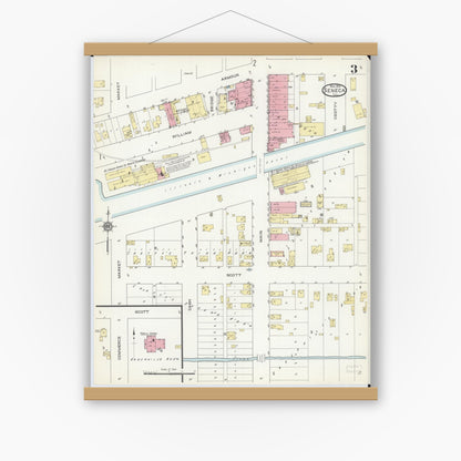 Old map wall art mockup — magnetic wood frame on white wall — Sanborn Fire Insurance Map from Seneca, La Salle County, Illinois (1913), Sheet #0003