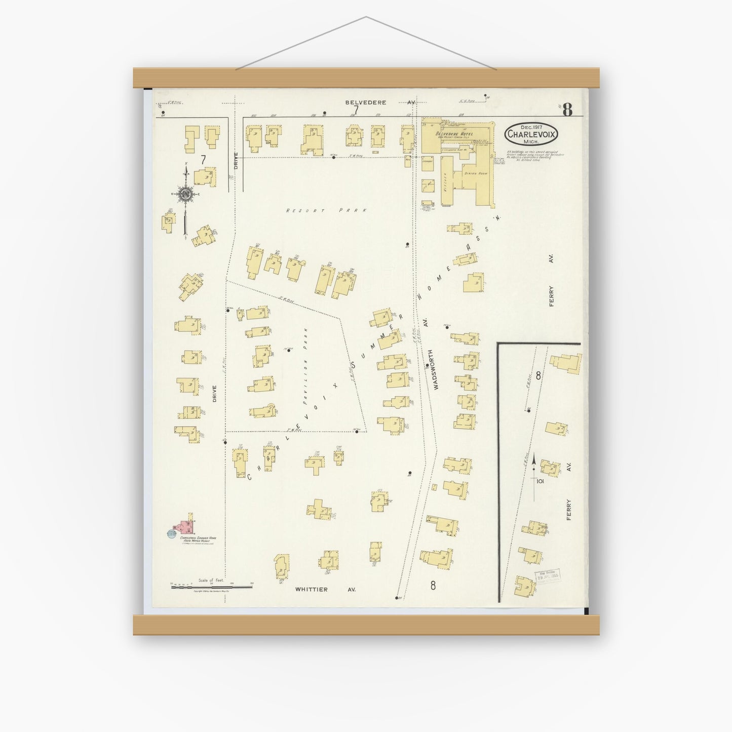 Old map wall art mockup — magnetic wood frame on white wall — Sanborn Fire Insurance Map from Charlevoix, Charlevoix County, Michigan (1917), Sheet #0008