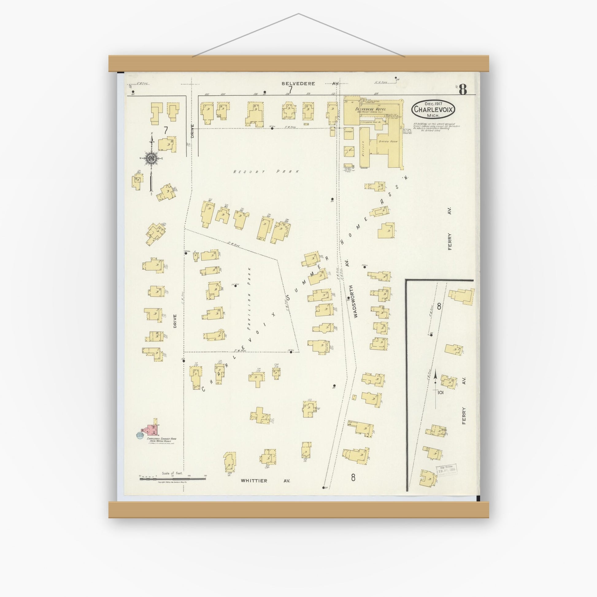 Old map wall art mockup — magnetic wood frame on white wall — Sanborn Fire Insurance Map from Charlevoix, Charlevoix County, Michigan (1917), Sheet #0008