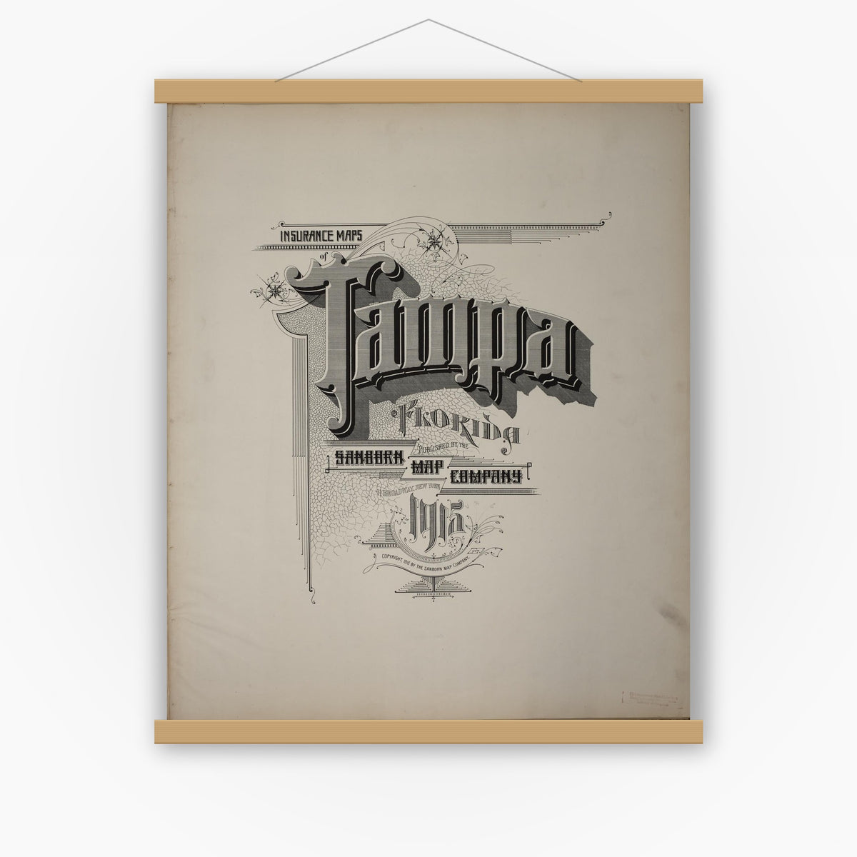 Old map wall art mockup — magnetic wood frame on white wall — Sanborn Fire Insurance Map from Tampa, Hillsborough County, Florida (1915), Sheet #0001