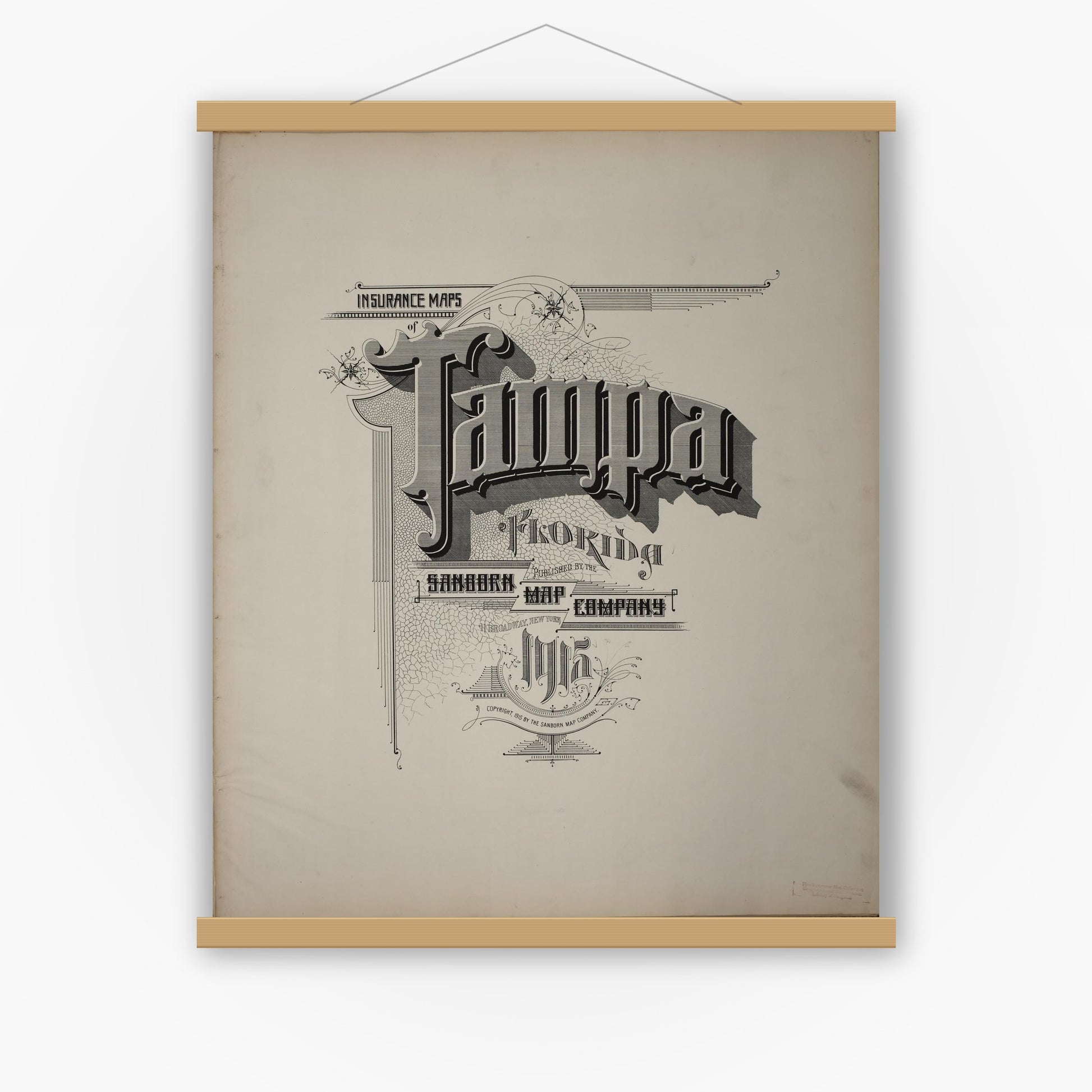 Old map wall art mockup — magnetic wood frame on white wall — Sanborn Fire Insurance Map from Tampa, Hillsborough County, Florida (1915), Sheet #0001