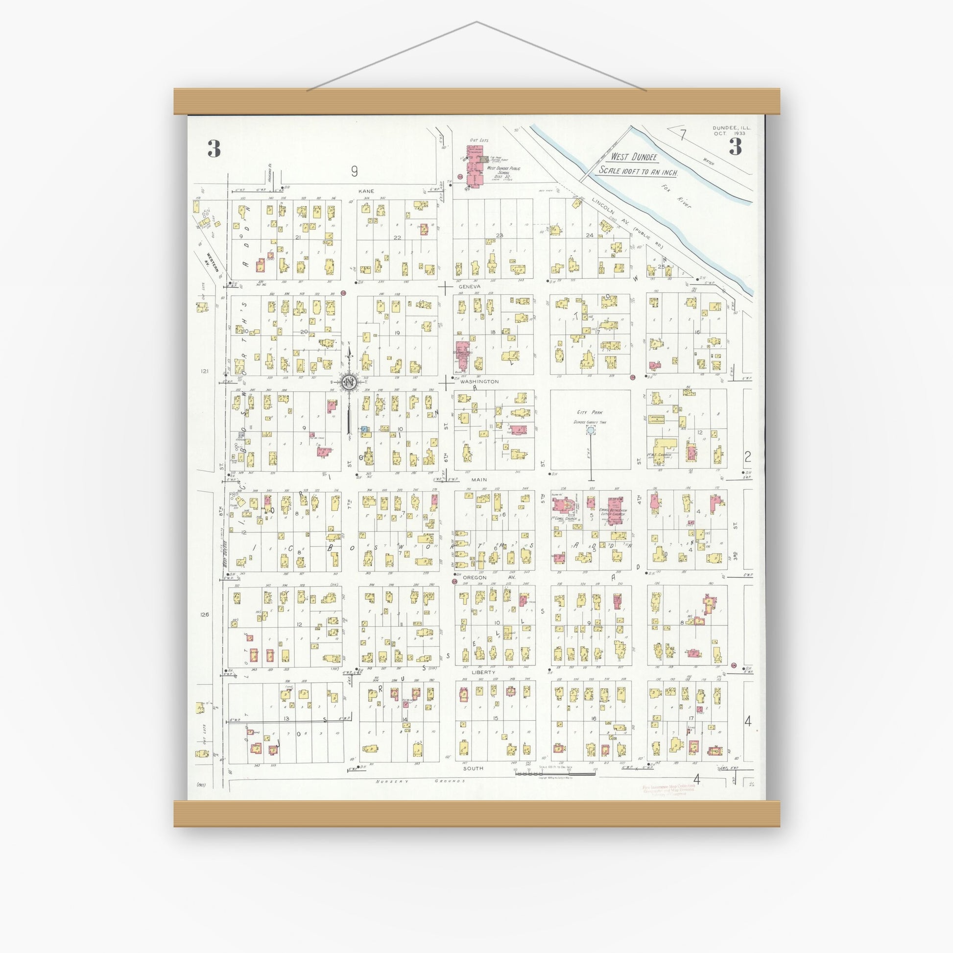 Old map wall art mockup — magnetic wood frame on white wall — Sanborn Fire Insurance Map from Dundee, Kane County, Illinois (1933), Sheet #0003