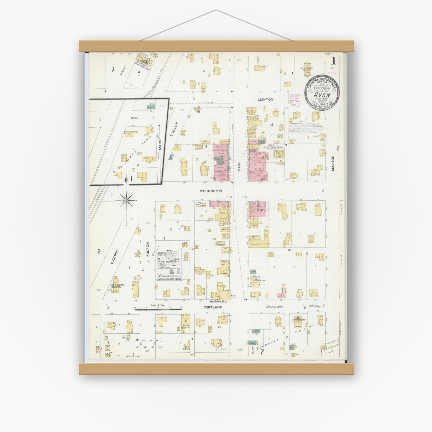 Old map wall art mockup — magnetic wood frame on white wall — Sanborn Fire Insurance Map from Avon, Fulton County, Illinois (1906), Sheet #0001