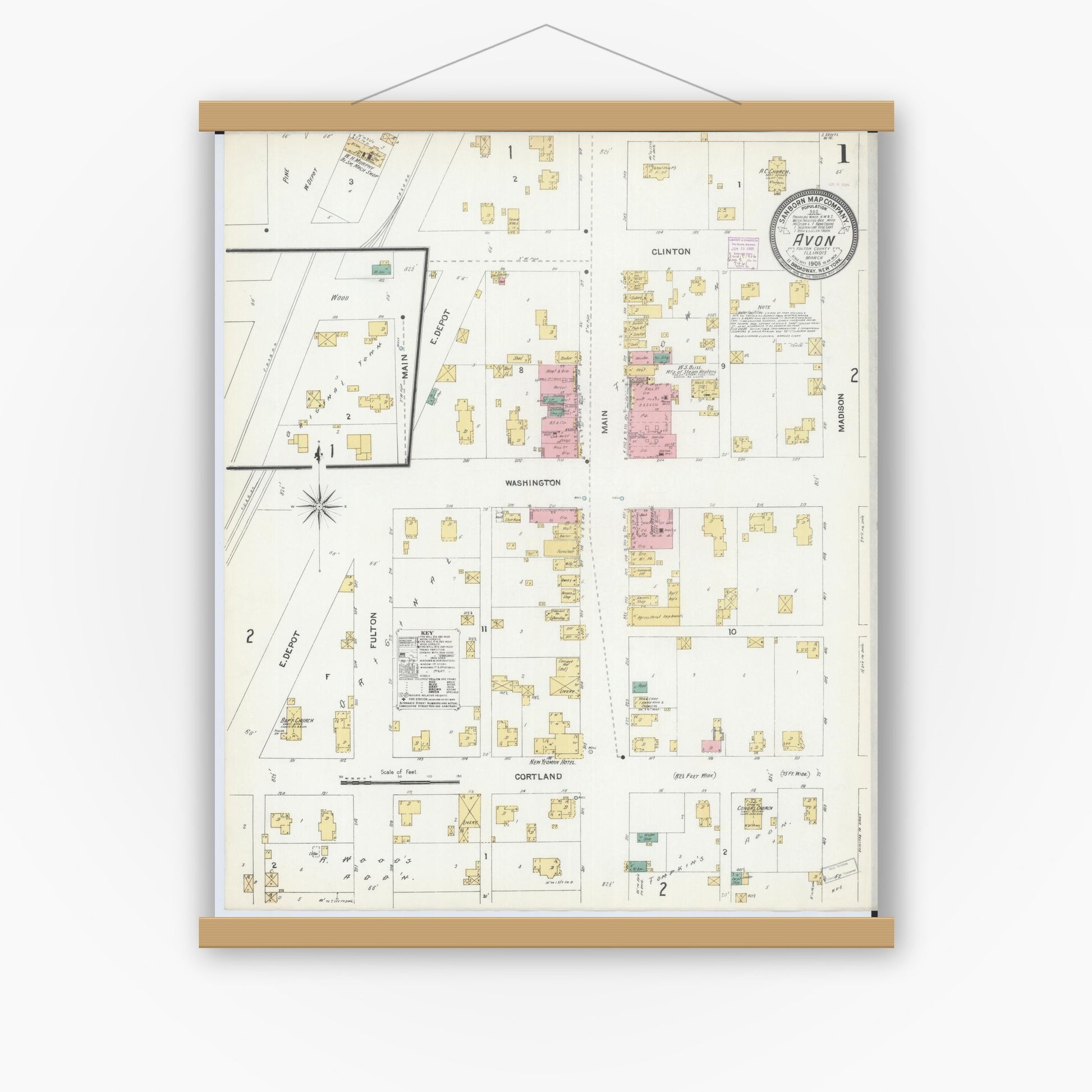Old map wall art mockup — magnetic wood frame on white wall — Sanborn Fire Insurance Map from Avon, Fulton County, Illinois (1906), Sheet #0001