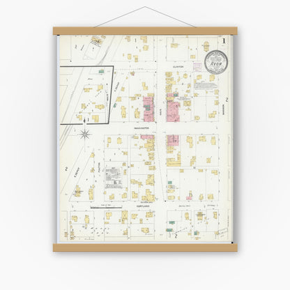 Old map wall art mockup — magnetic wood frame on white wall — Sanborn Fire Insurance Map from Avon, Fulton County, Illinois (1906), Sheet #0001