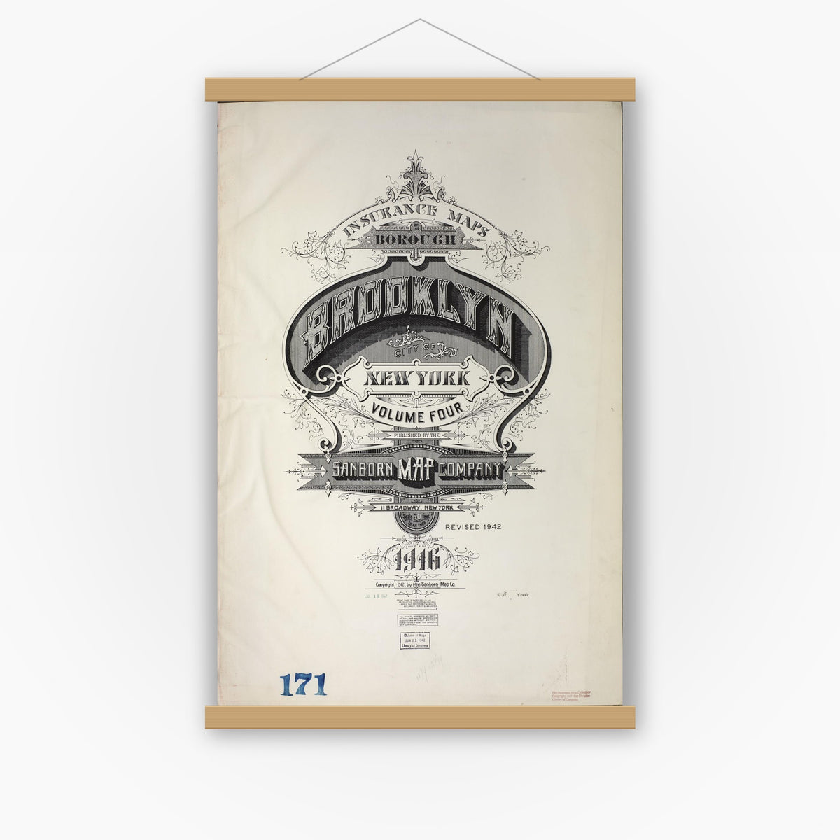 Old map wall art mockup — magnetic wood frame on white wall — Sanborn Fire Insurance Map from Brooklyn, Kings County, New York (1942), Sheet #0001