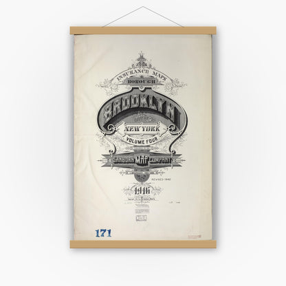 Old map wall art mockup — magnetic wood frame on white wall — Sanborn Fire Insurance Map from Brooklyn, Kings County, New York (1942), Sheet #0001