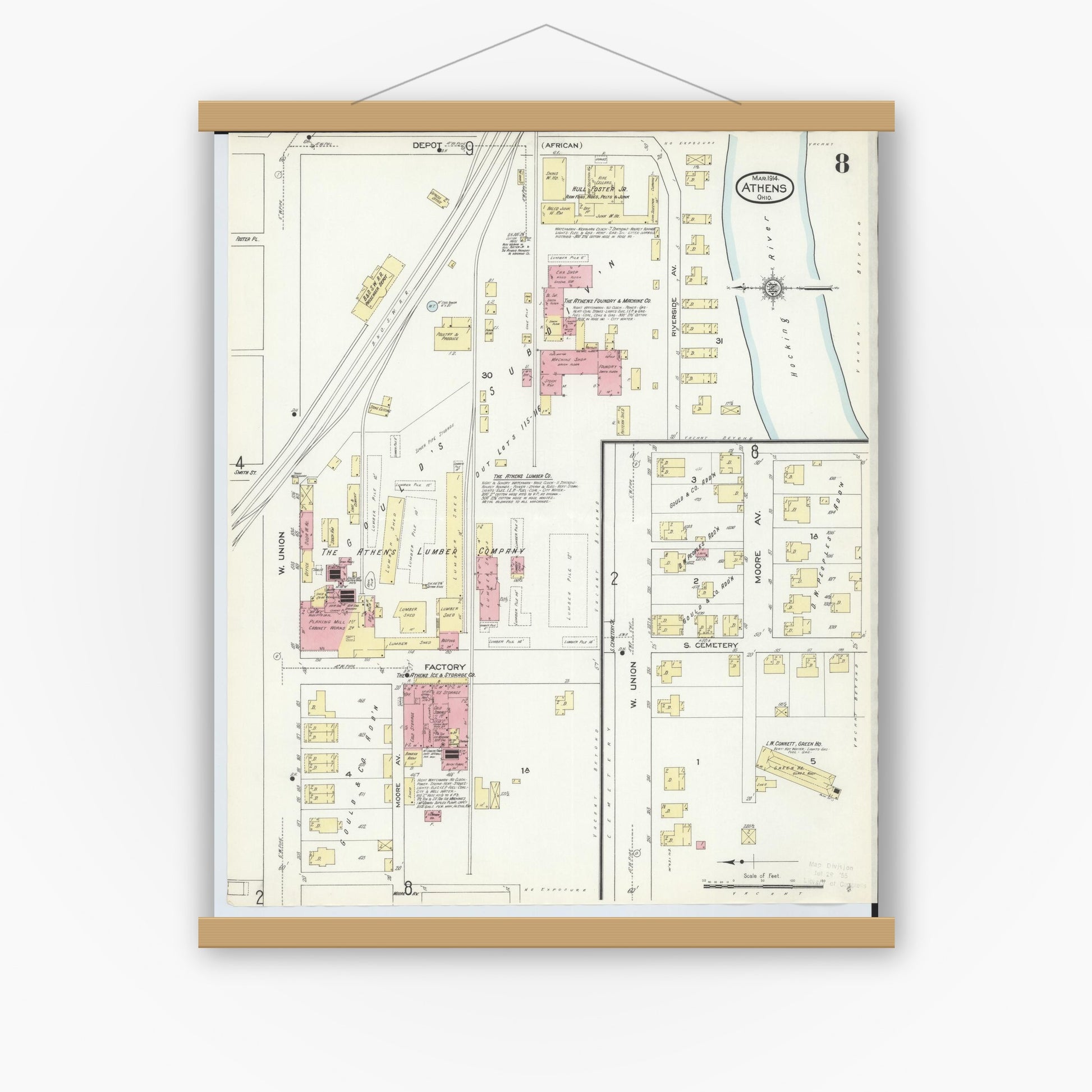 Old map wall art mockup — magnetic wood frame on white wall — Sanborn Fire Insurance Map from Athens, Athens County, Ohio (1914), Sheet #0008