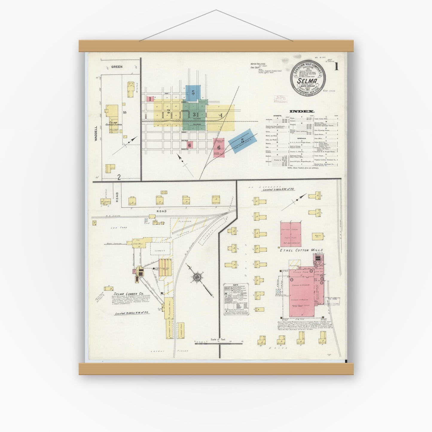 Old map wall art mockup — magnetic wood frame on white wall — Sanborn Fire Insurance Map from Selma, Johnston County, North Carolina (1911) - Complete Map Set
