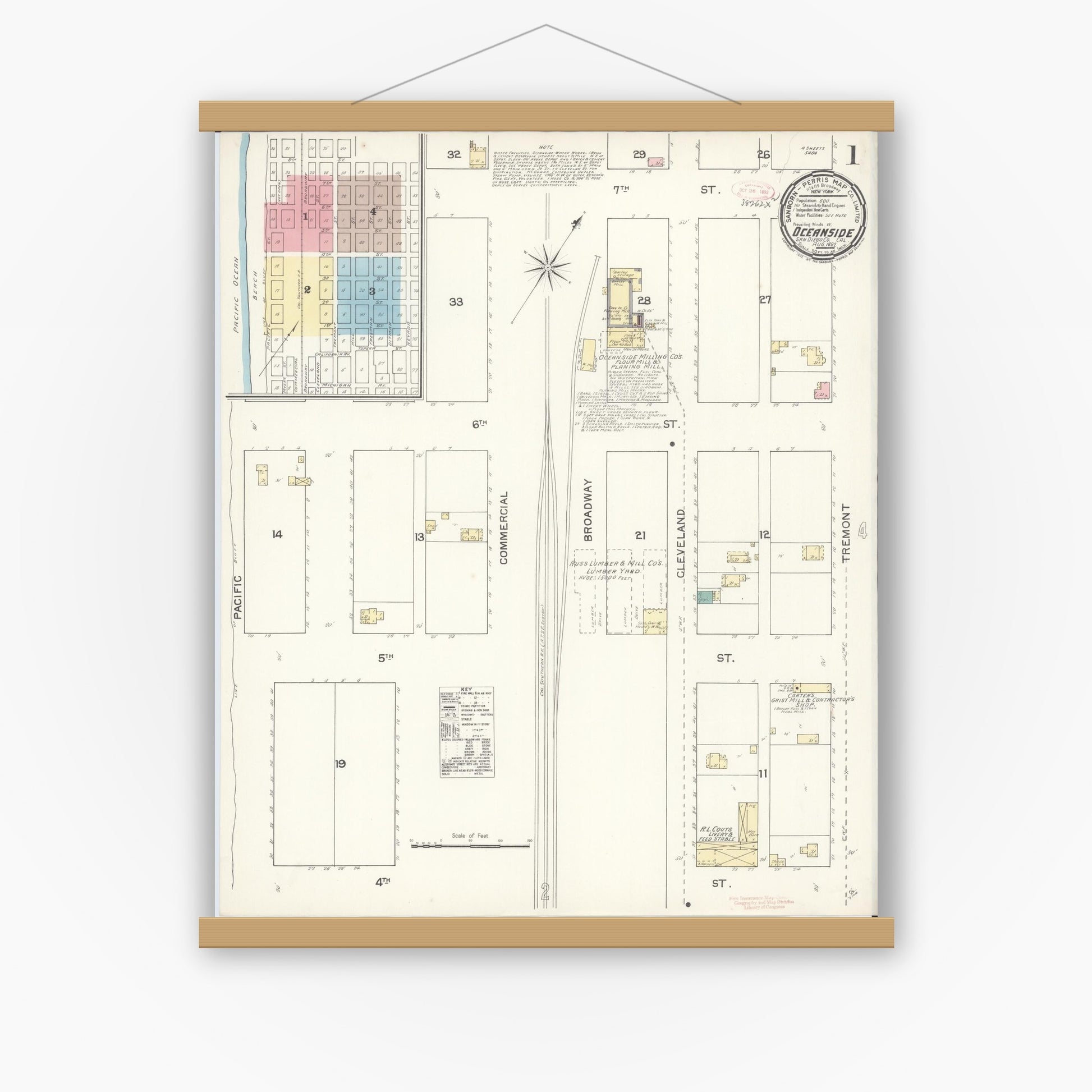 Old map wall art mockup — magnetic wood frame on white wall — Sanborn Fire Insurance Map from Oceanside, San Diego County, California (1892) - Complete Map Set