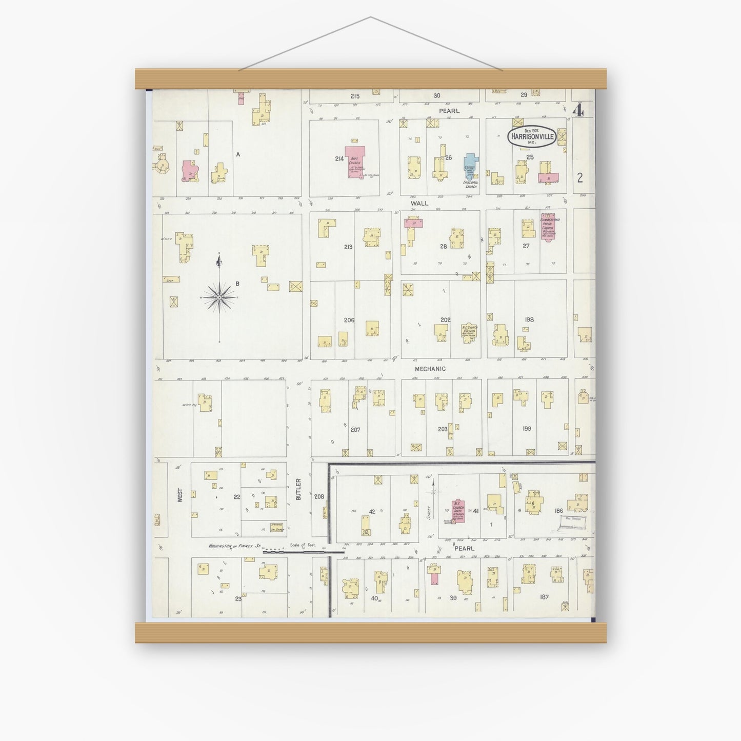 Old map wall art mockup — magnetic wood frame on white wall — Sanborn Fire Insurance Map from Harrisonville, Cass County, Missouri (1902), Sheet #0004