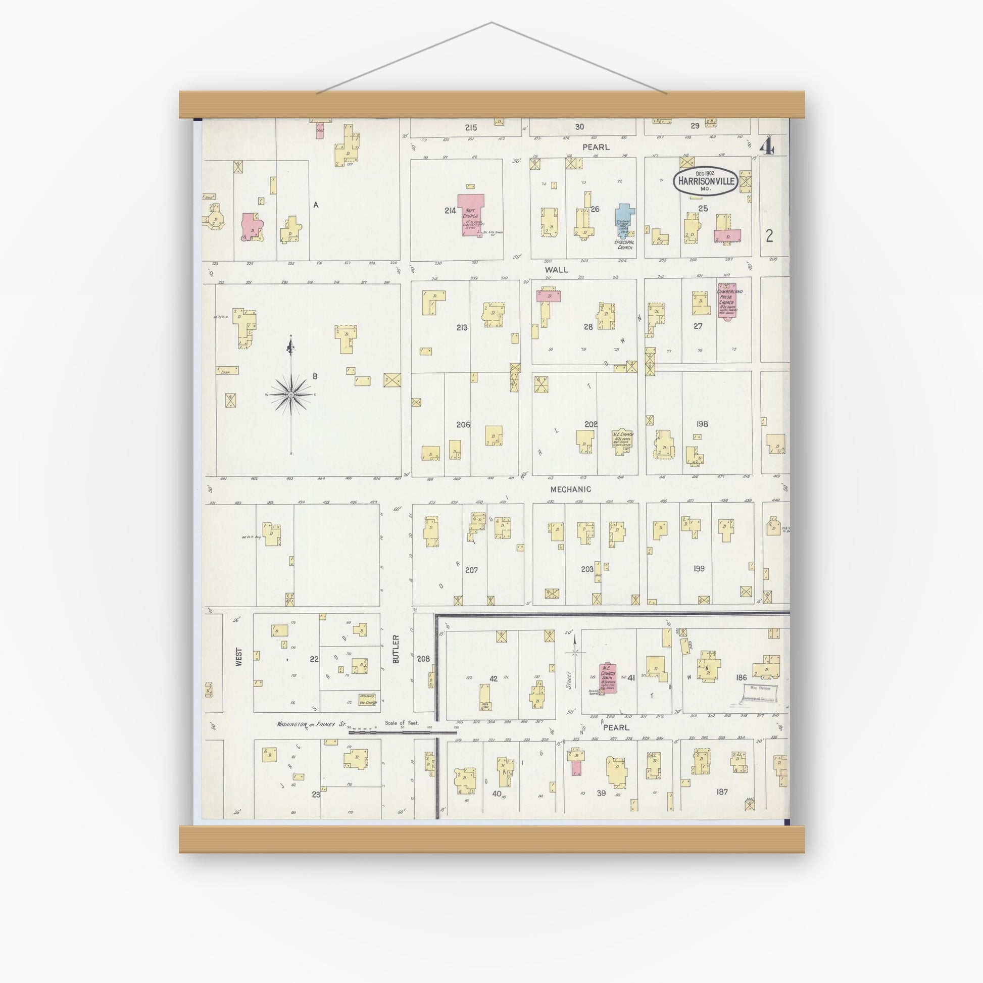 Old map wall art mockup — magnetic wood frame on white wall — Sanborn Fire Insurance Map from Harrisonville, Cass County, Missouri (1902), Sheet #0004