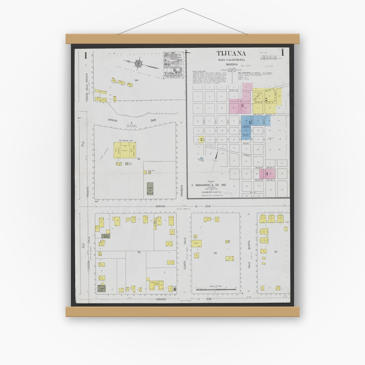 Old map wall art mockup — magnetic wood frame on white wall — Sanborn Fire Insurance Map from Tijuana, Baja California (Mexico) (1924) - Complete Map Set