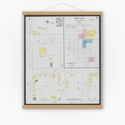 Old map wall art mockup — magnetic wood frame on white wall — Sanborn Fire Insurance Map from Tijuana, Baja California (Mexico) (1924) - Complete Map Set