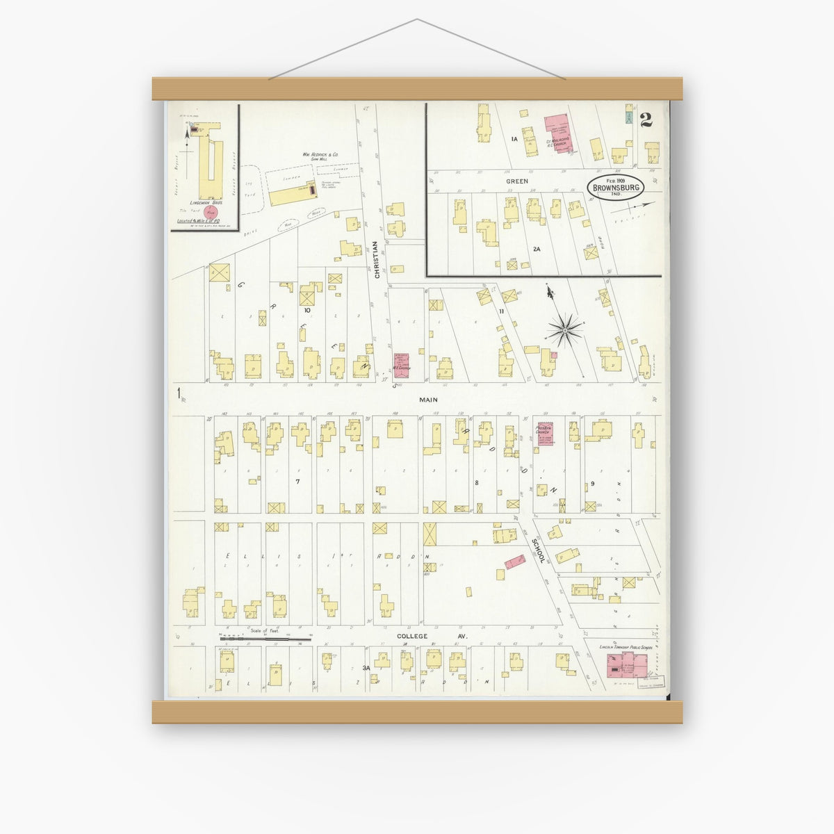 Old map wall art mockup — magnetic wood frame on white wall — Sanborn Fire Insurance Map from Brownsburg, Hendricks County, Indiana (1909), Sheet #0002