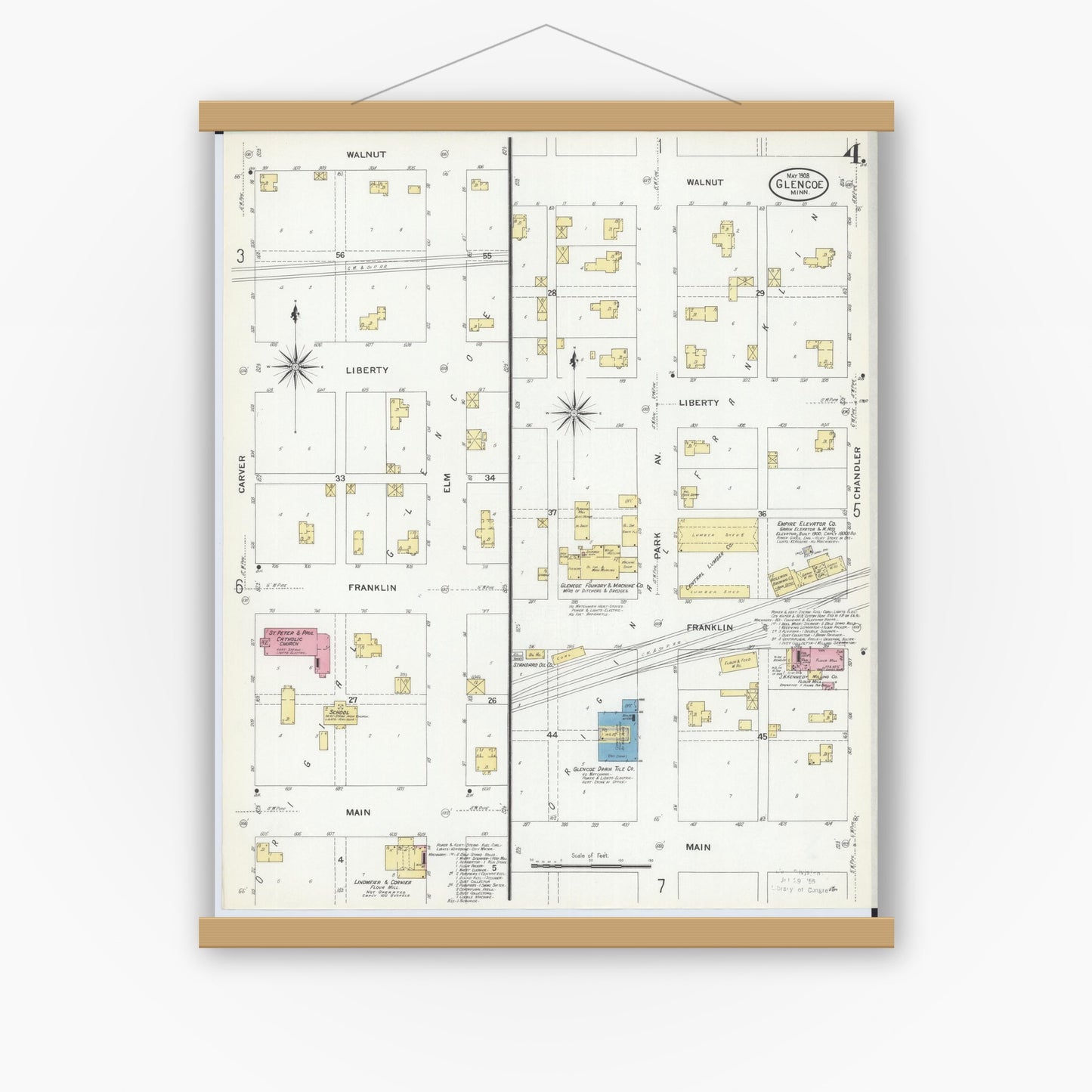 Old map wall art mockup — magnetic wood frame on white wall — Sanborn Fire Insurance Map from Glencoe, Mcleod County, Minnesota (1908), Sheet #0004