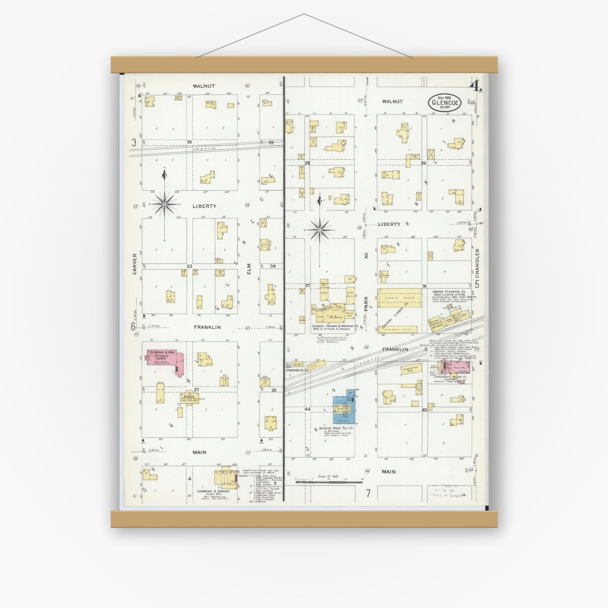 Old map wall art mockup — magnetic wood frame on white wall — Sanborn Fire Insurance Map from Glencoe, Mcleod County, Minnesota (1908), Sheet #0004