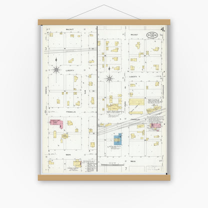 Old map wall art mockup — magnetic wood frame on white wall — Sanborn Fire Insurance Map from Glencoe, Mcleod County, Minnesota (1908), Sheet #0004