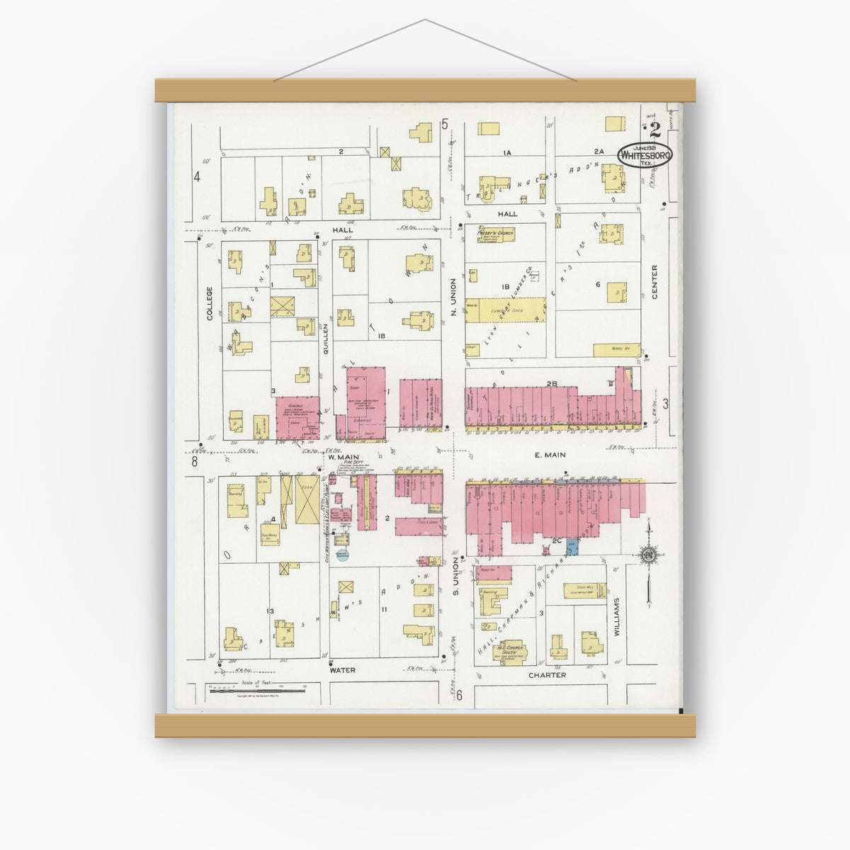 Old map wall art mockup — magnetic wood frame on white wall — Sanborn Fire Insurance Map from Whitesboro, Grayson County, Texas (1921), Sheet #0002