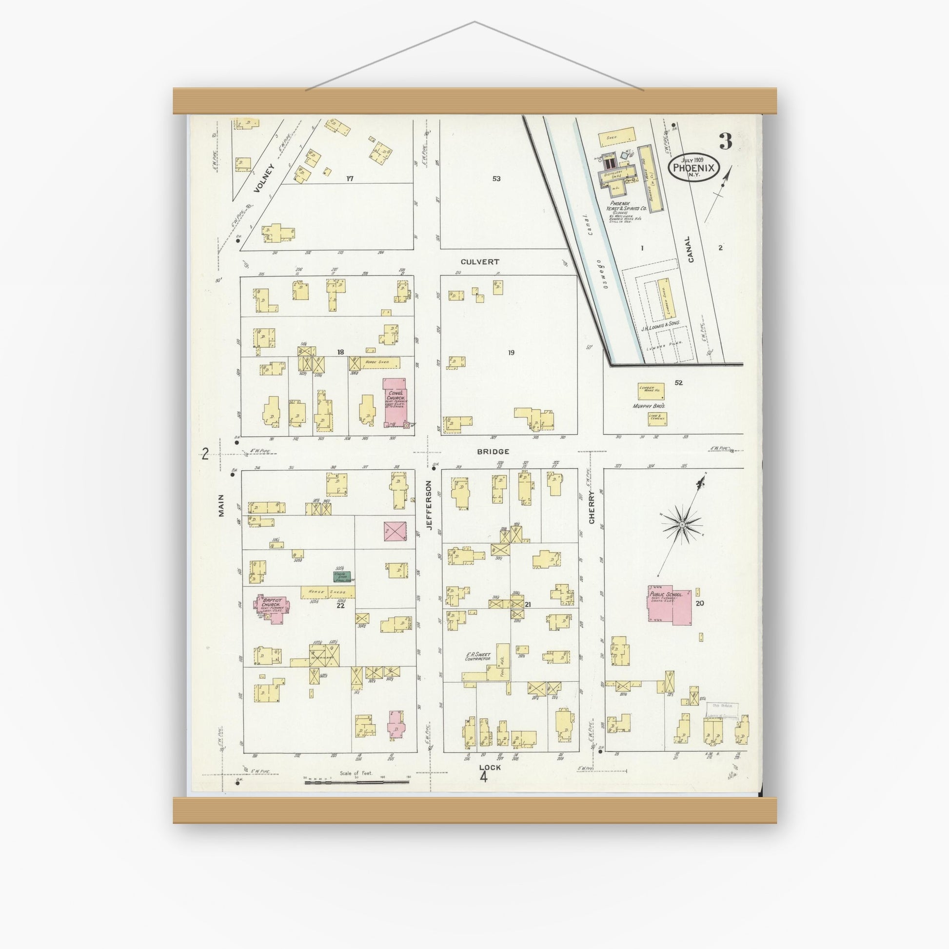 Old map wall art mockup — magnetic wood frame on white wall — Sanborn Fire Insurance Map from Phoenix, Oswego County, New York (1909), Sheet #0003