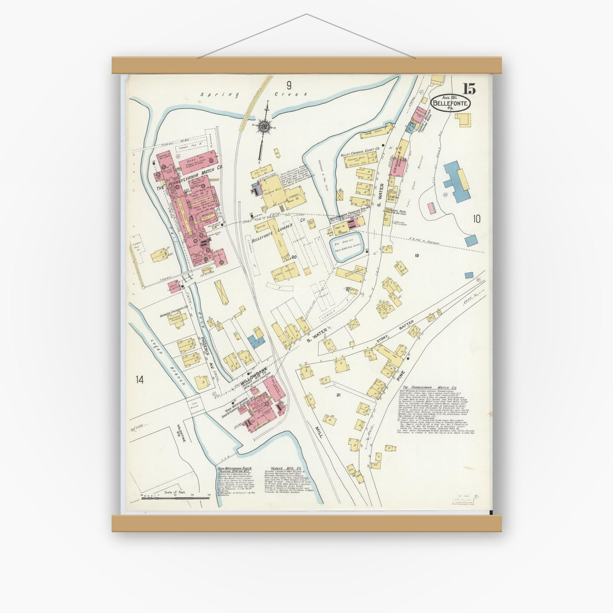 Old map wall art mockup — magnetic wood frame on white wall — Sanborn Fire Insurance Map from Bellefonte, Centre County, Pennsylvania (1911), Sheet #0015