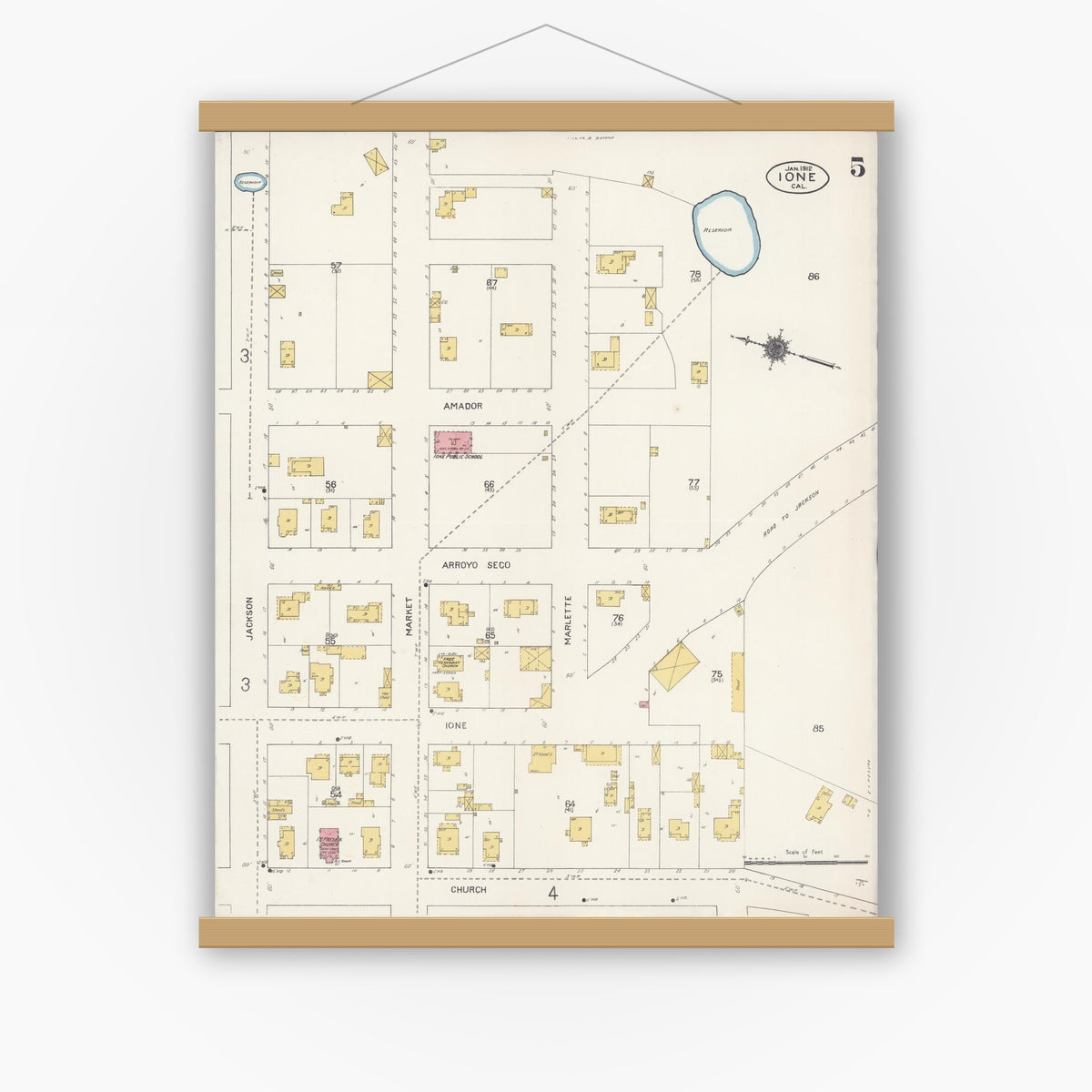 Old map wall art mockup — magnetic wood frame on white wall — Sanborn Fire Insurance Map from Ione, Amador County, California (1912), Sheet #0005