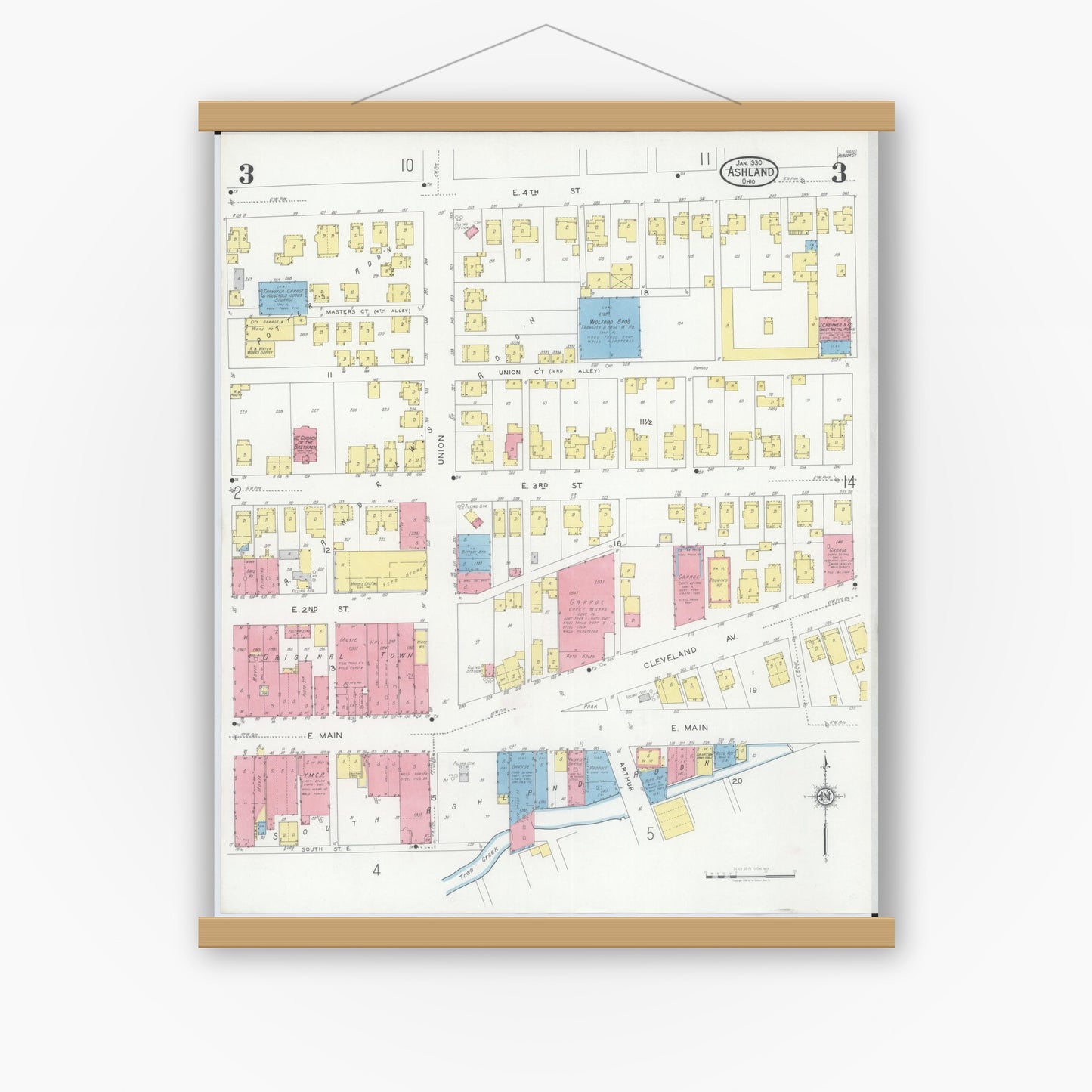 Old map wall art mockup — magnetic wood frame on white wall — Sanborn Fire Insurance Map from Ashland, Ashland County, Ohio (1930), Sheet #0003