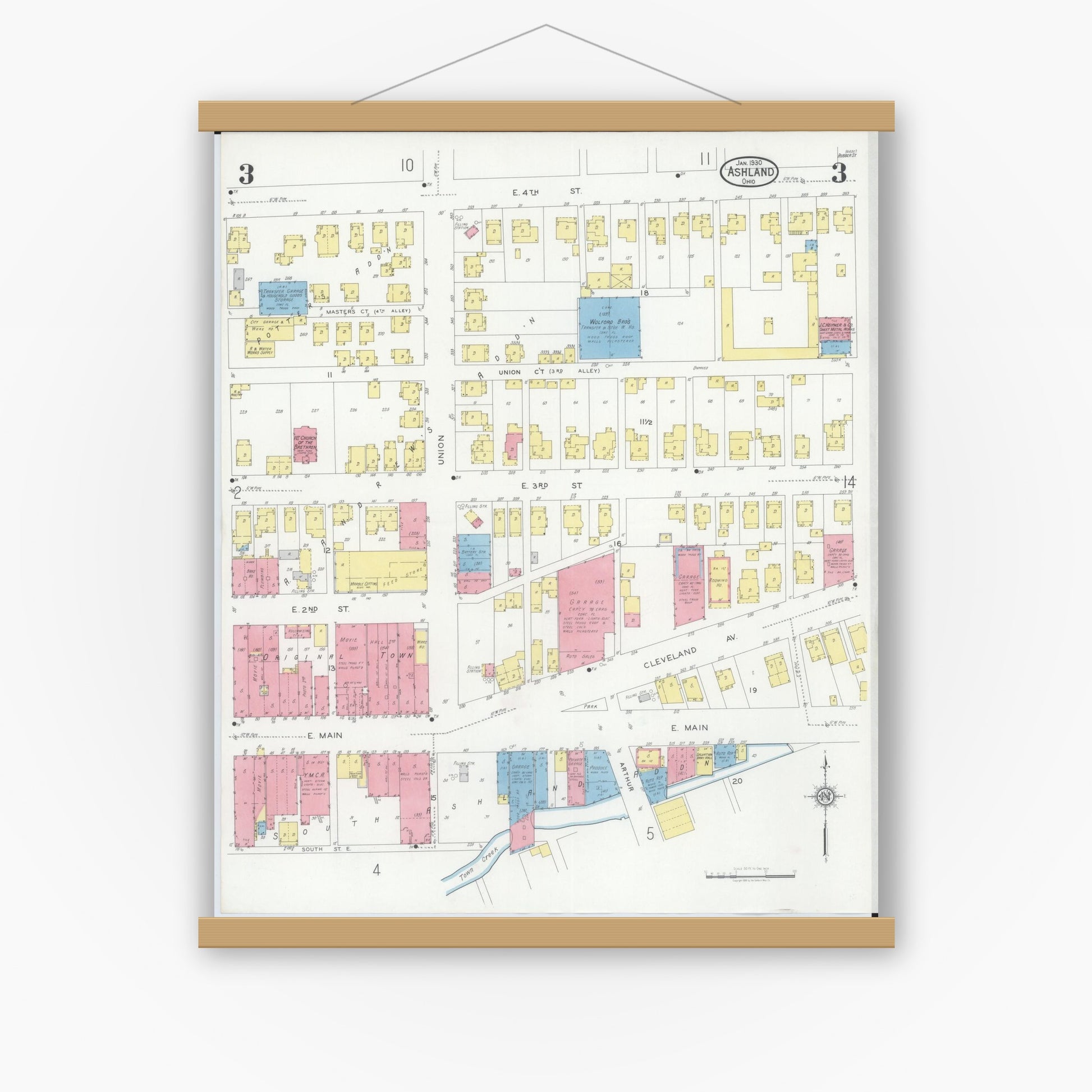 Old map wall art mockup — magnetic wood frame on white wall — Sanborn Fire Insurance Map from Ashland, Ashland County, Ohio (1930), Sheet #0003