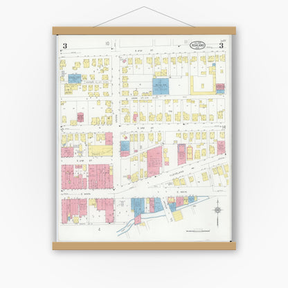 Old map wall art mockup — magnetic wood frame on white wall — Sanborn Fire Insurance Map from Ashland, Ashland County, Ohio (1930), Sheet #0003