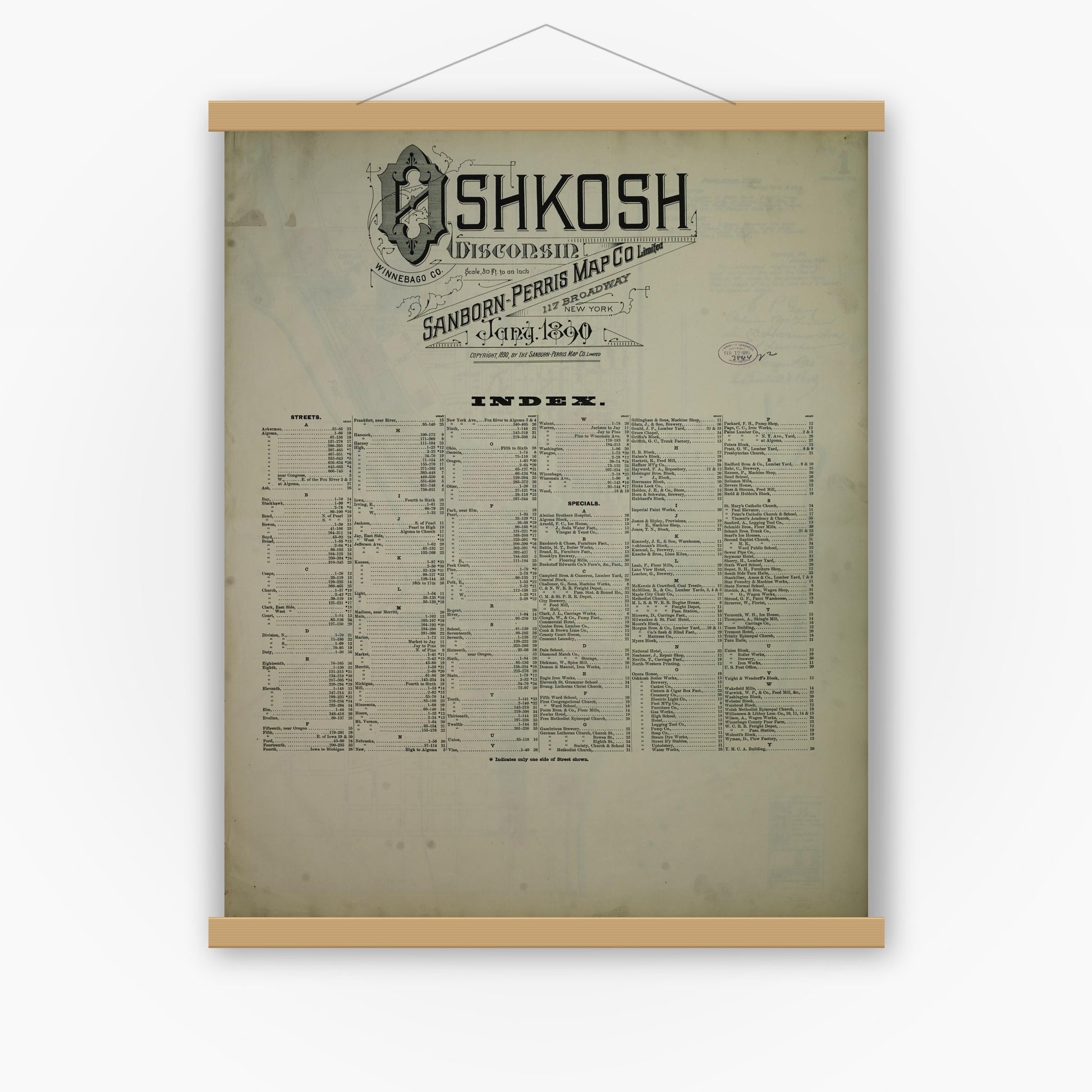 Old map wall art mockup — magnetic wood frame on white wall — Sanborn Fire Insurance Map from Oshkosh, Winnebago County, Wisconsin (1890), Sheet #0001